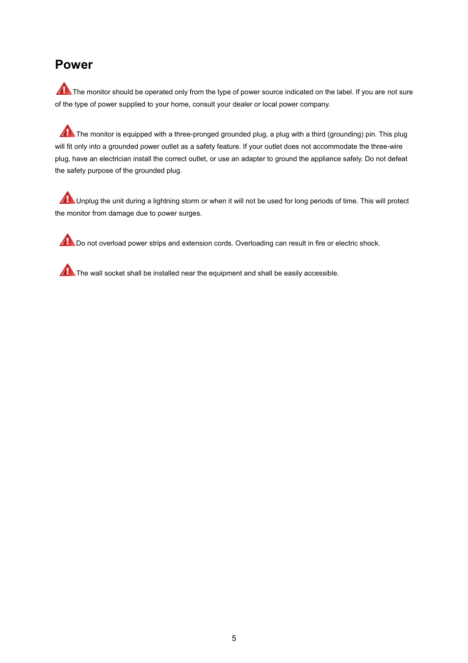 Power | AOC P2370SH User Manual | Page 5 / 72