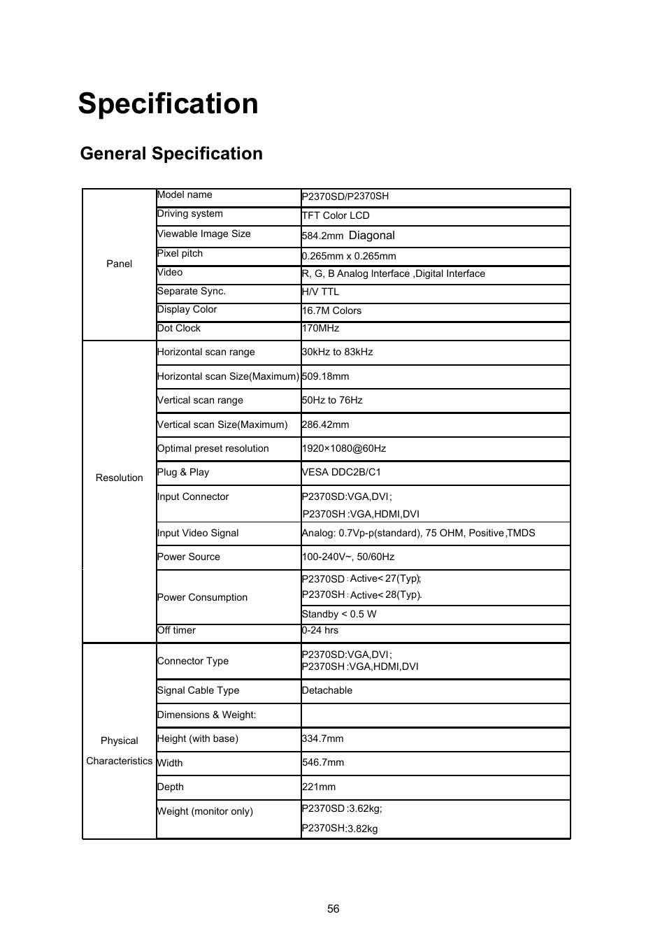 Specification, General specification | AOC P2370SH User Manual | Page 56 / 72