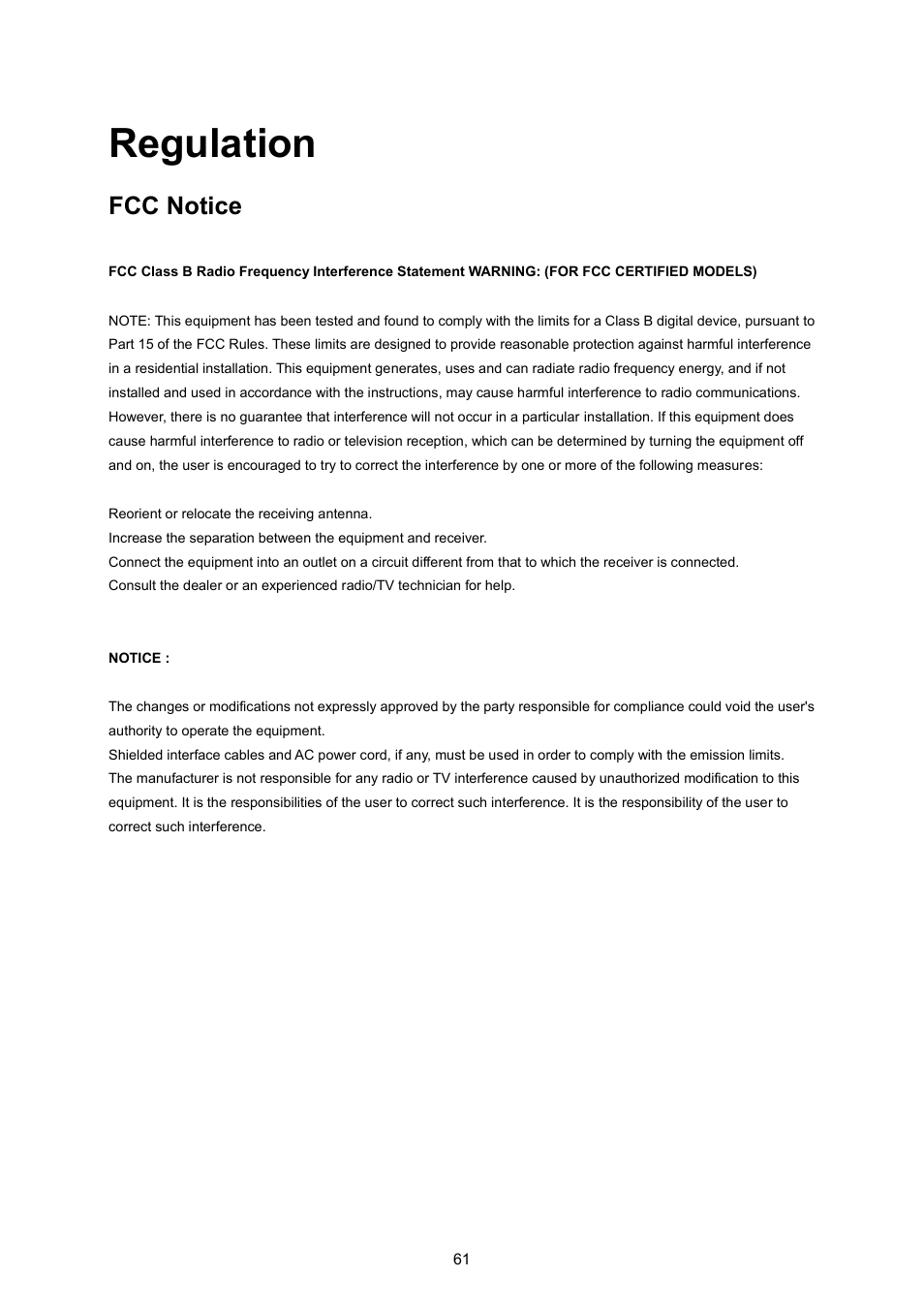 Regulation, Fcc notice | AOC P2370SH User Manual | Page 61 / 72