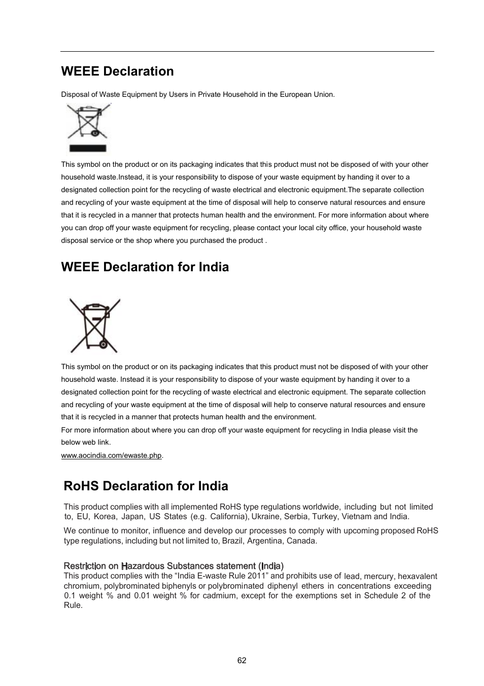 Weee declaration, Weee declaration for india, Rohs declaration for india | 5r+6'hfodudwlrqiru,qgld | AOC P2370SH User Manual | Page 62 / 72