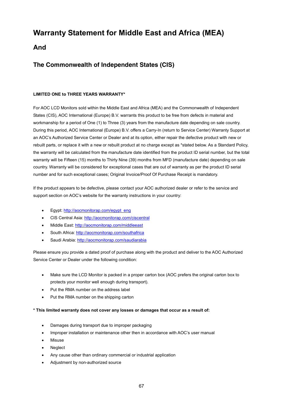 The commonwealth of independent states (cis) | AOC P2370SH User Manual | Page 67 / 72