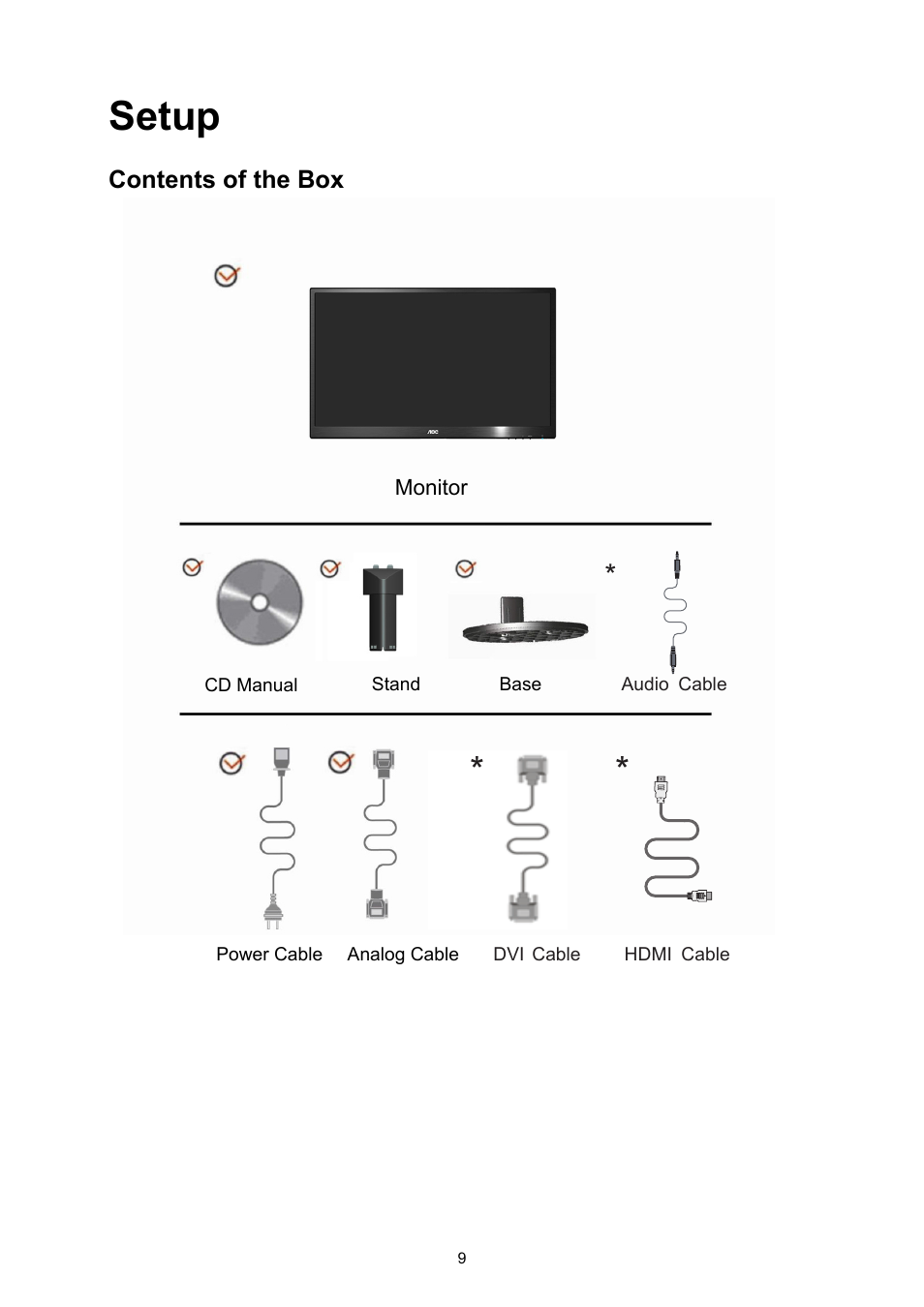 Setup, Contents of box | AOC P2370SH User Manual | Page 9 / 72