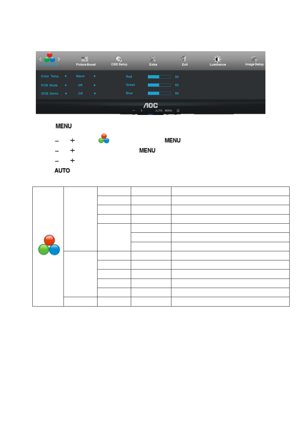 Color setup | AOC E2250SWDNK User Manual | Page 24 / 76