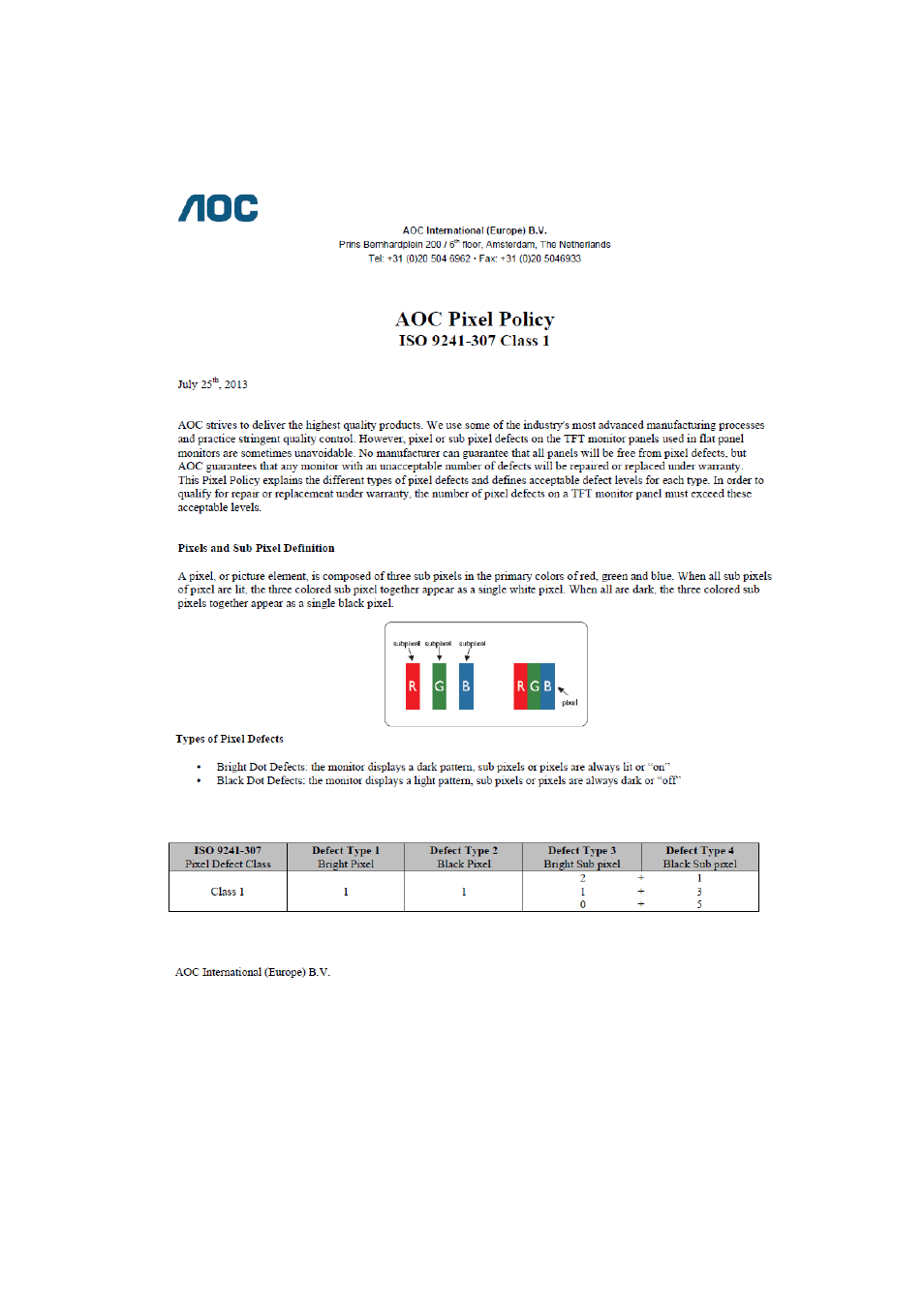 Aoc pixel policy iso 9241-307 class 1 | AOC E2250SWDNK User Manual | Page 74 / 76