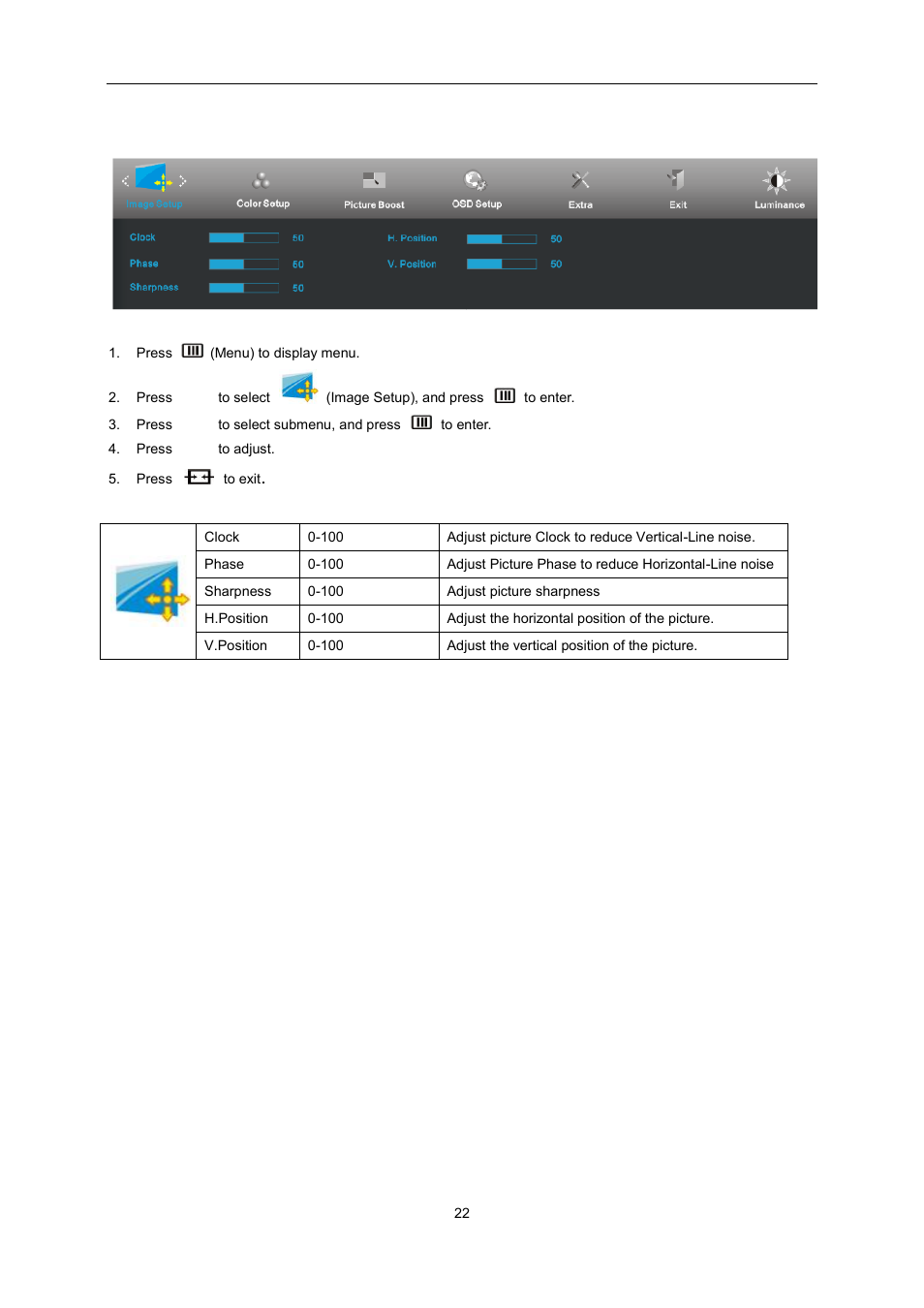 Image setup | AOC E2451FH User Manual | Page 22 / 56