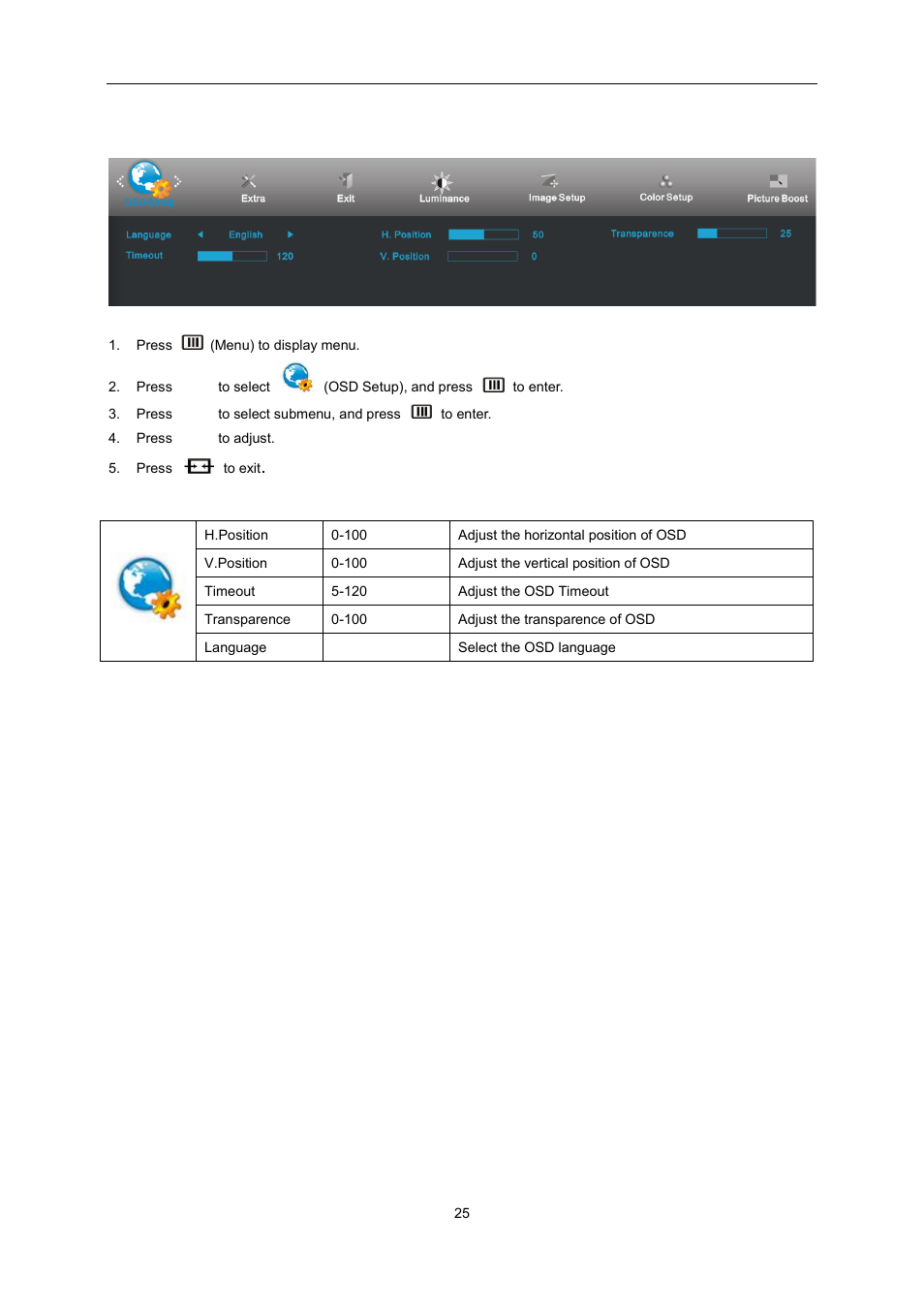 Osd setup | AOC E2451FH User Manual | Page 25 / 56