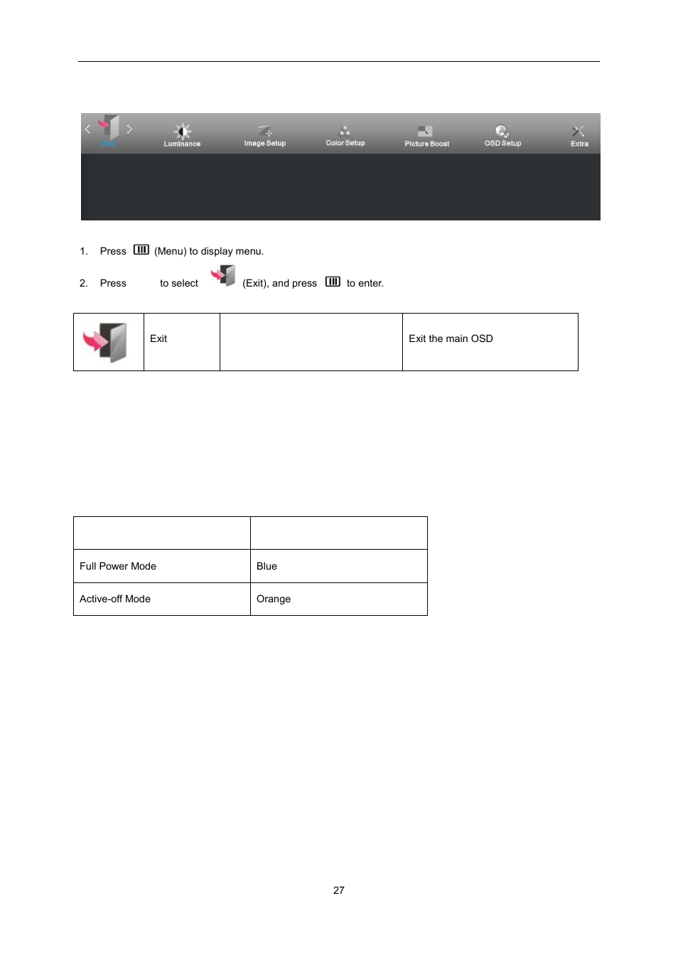 Led indicator, Exit | AOC E2451FH User Manual | Page 27 / 56