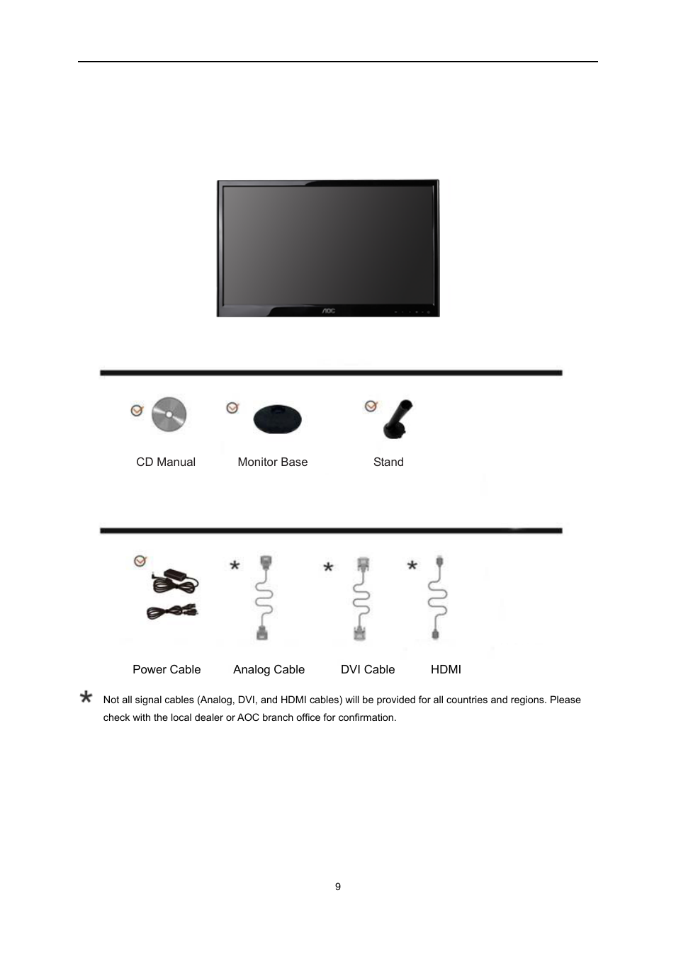 Setup, Contents in box | AOC E2451FH User Manual | Page 8 / 56