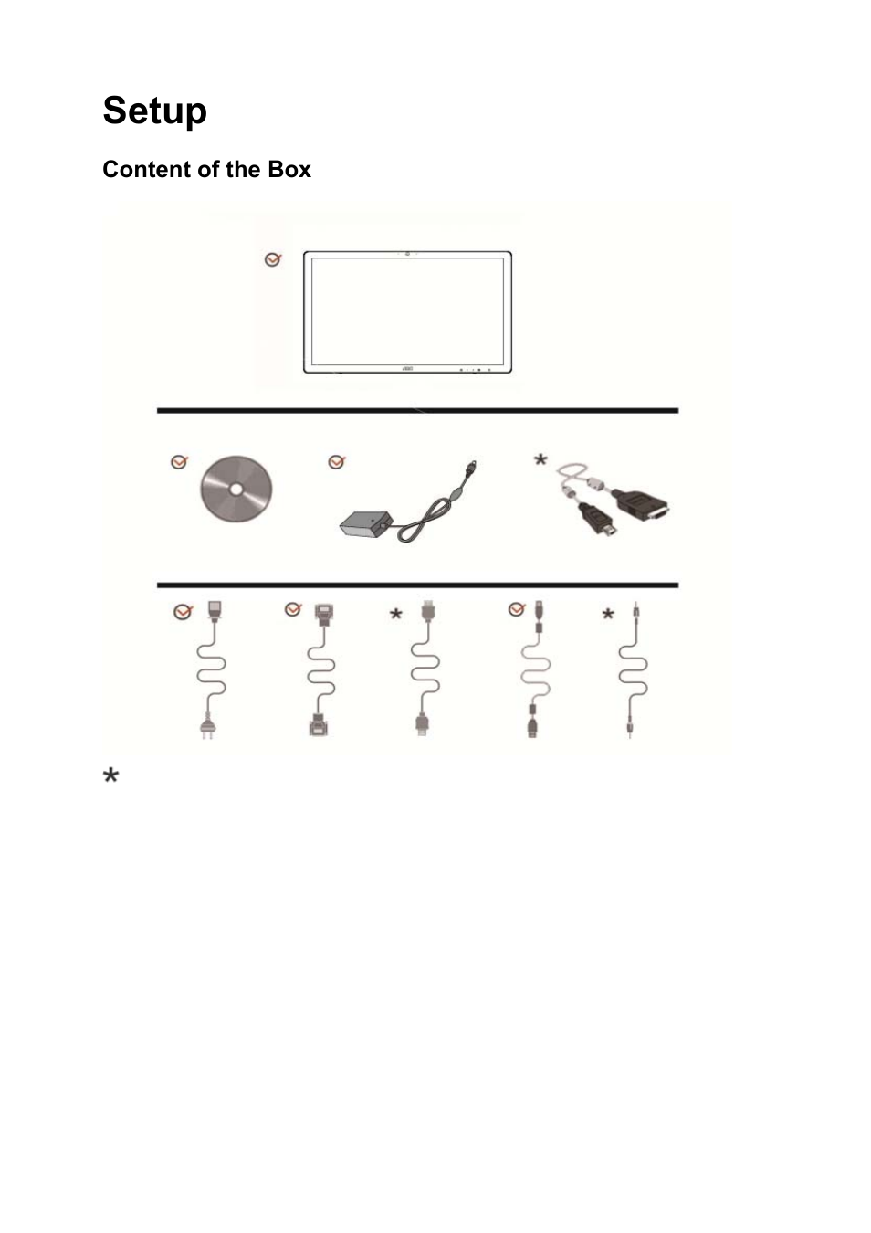 Setup, Content of the box, Monitor | AOC I2472PWHUT User Manual | Page 10 / 70