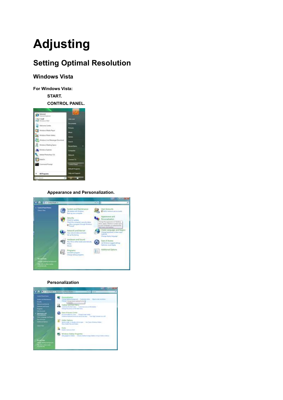 Adjusting, Setting optimal resolution | AOC I2472PWHUT User Manual | Page 16 / 70