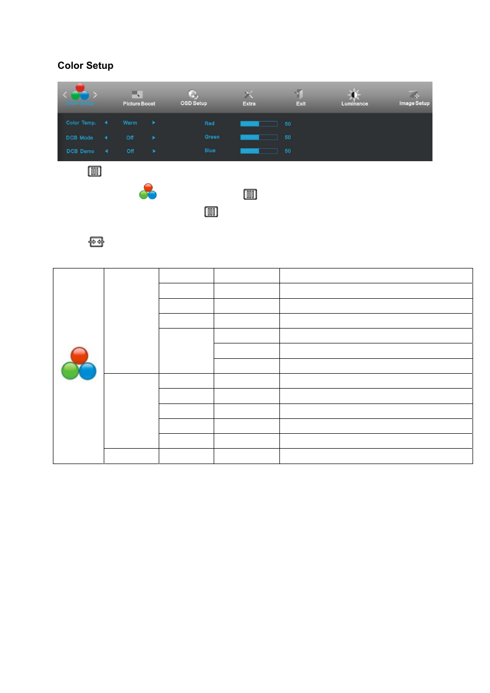 Color setup | AOC I2472PWHUT User Manual | Page 31 / 70