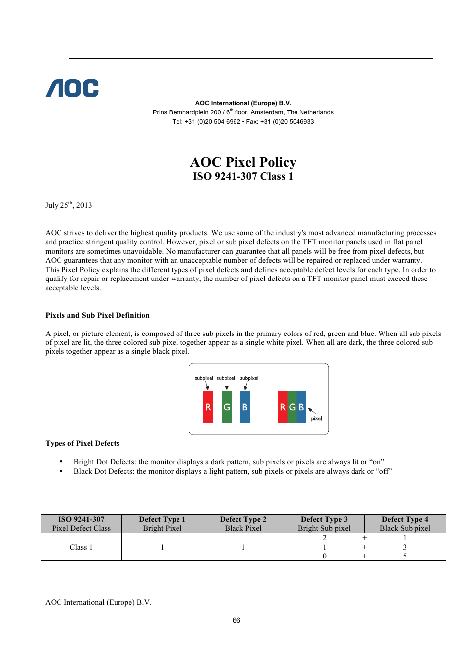 Aoc pixel policy iso 9241-307 class 1, Aoc pixel policy | AOC G2460FQ User Manual | Page 66 / 66