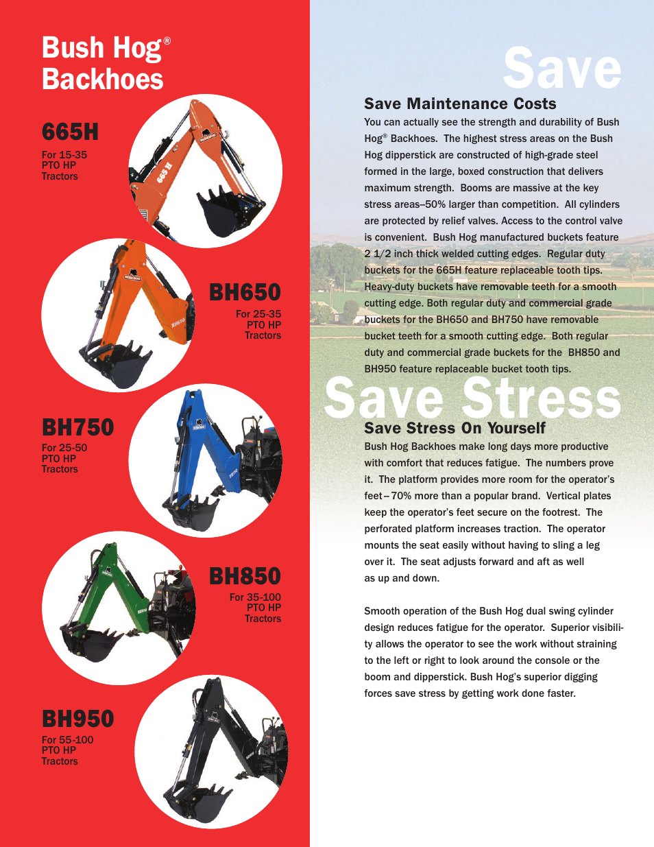 Save stress save maintenance, Bush hog, Backhoes | Bh650, Bh750, Bh850, Bh950, 665h | Bush Hog BH650 User Manual | Page 4 / 8