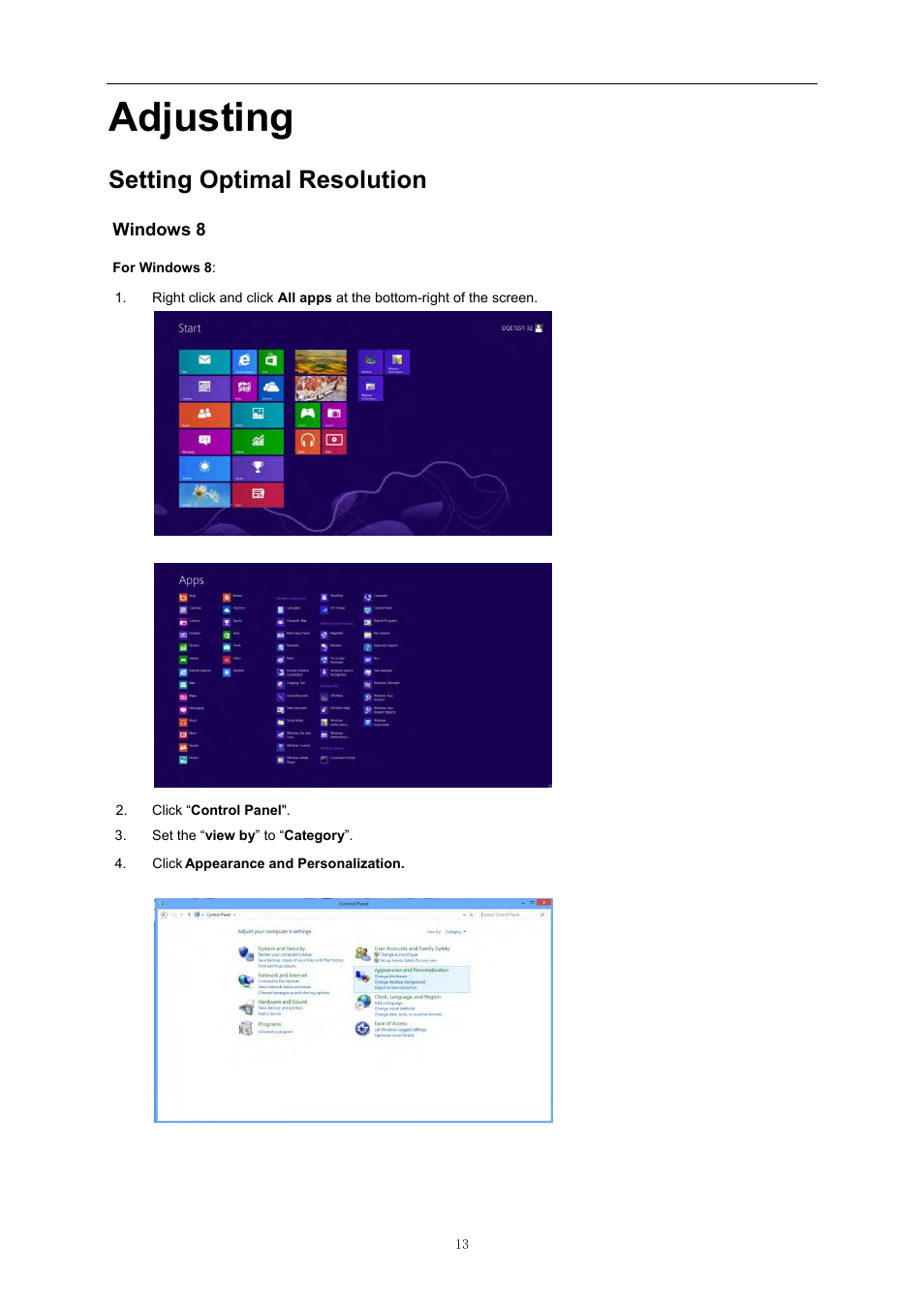 Adjusting, Setting optimal resolution | AOC D2757PH User Manual | Page 13 / 67