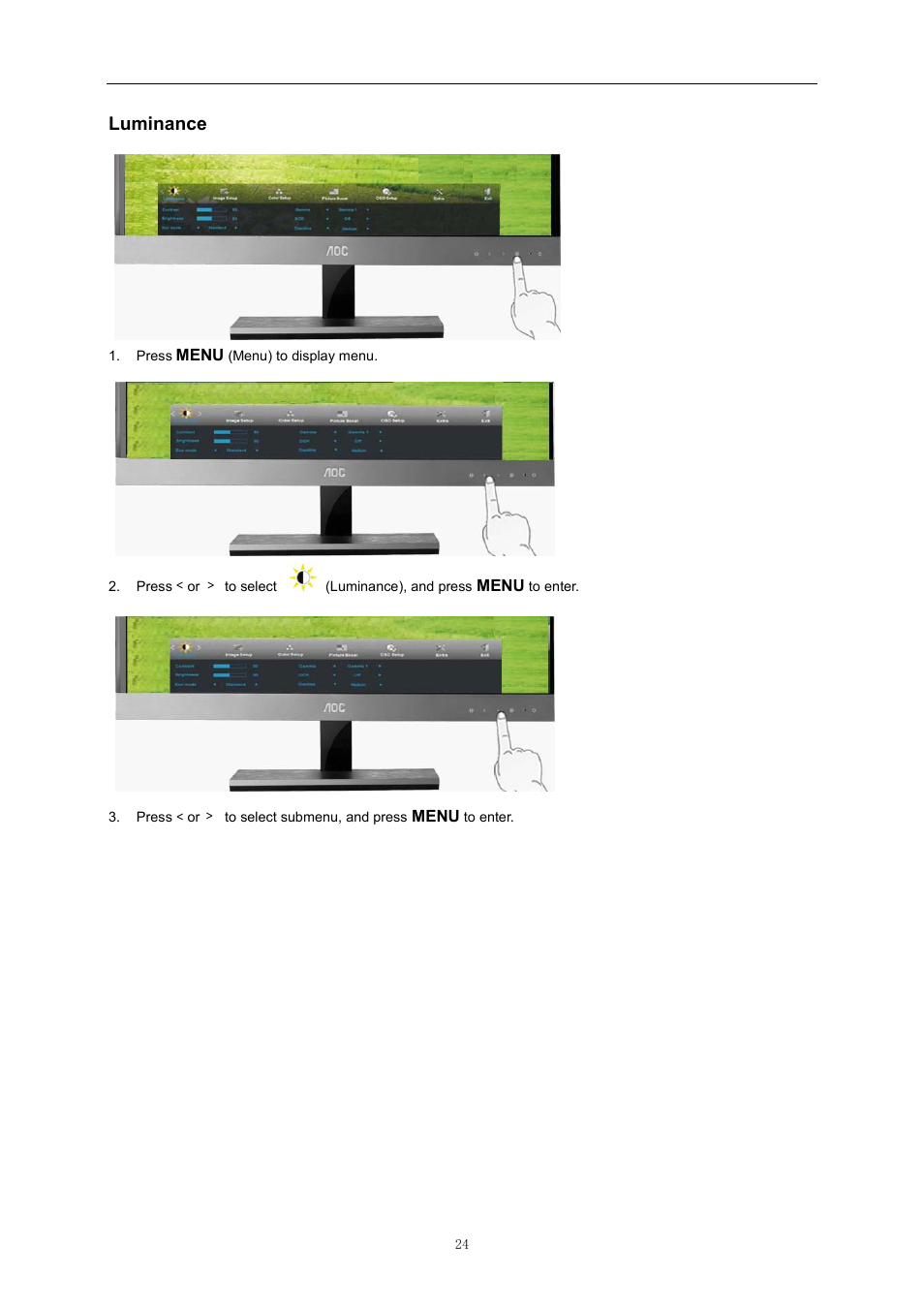 Luminance, Sd setting | AOC D2757PH User Manual | Page 24 / 67