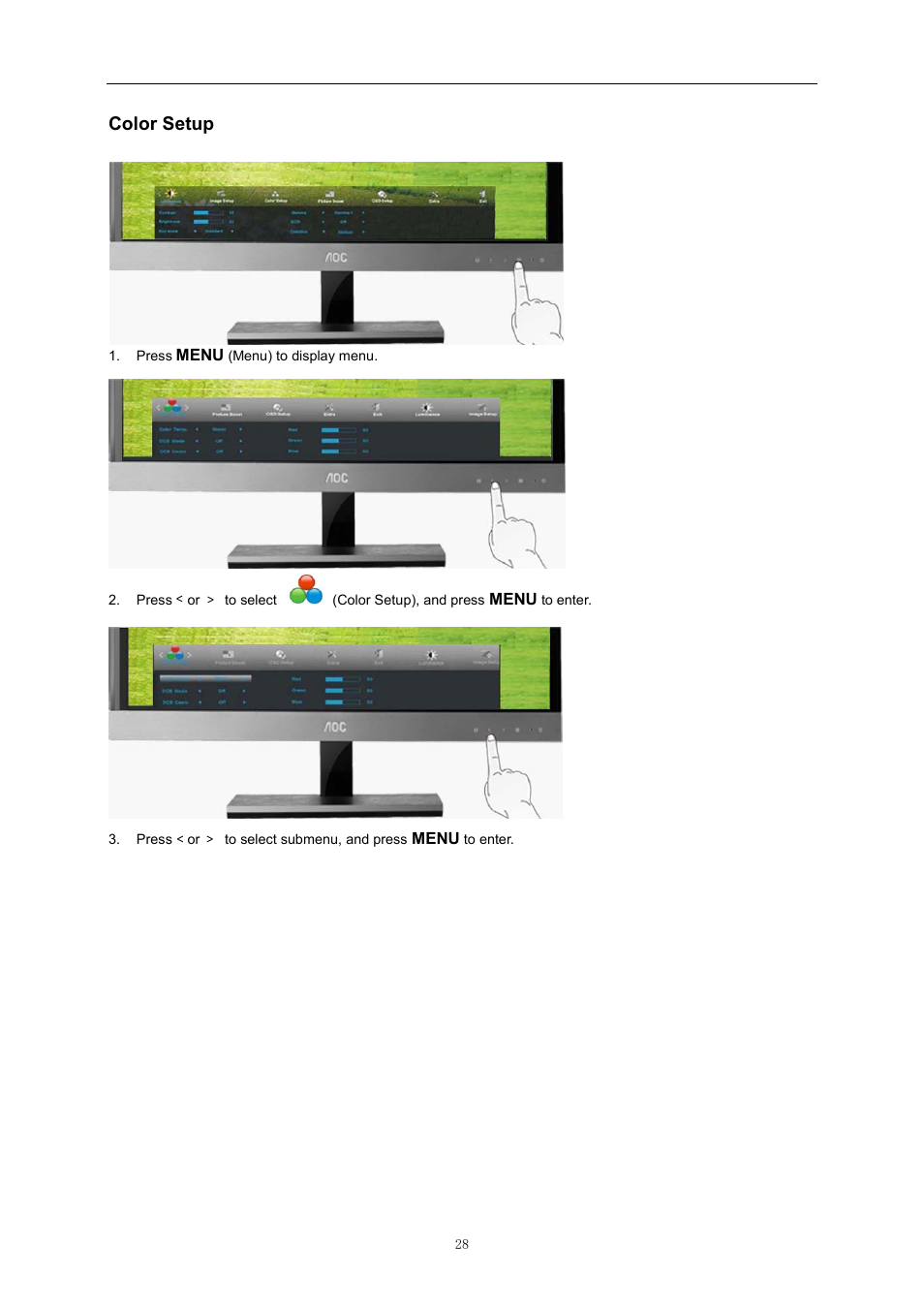 Color setup, Image setup | AOC D2757PH User Manual | Page 28 / 67