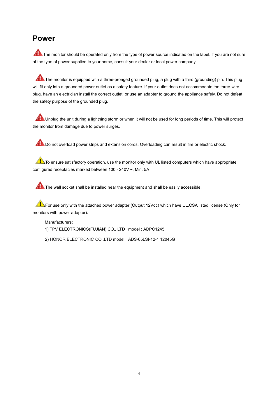 Power | AOC D2757PH User Manual | Page 4 / 67