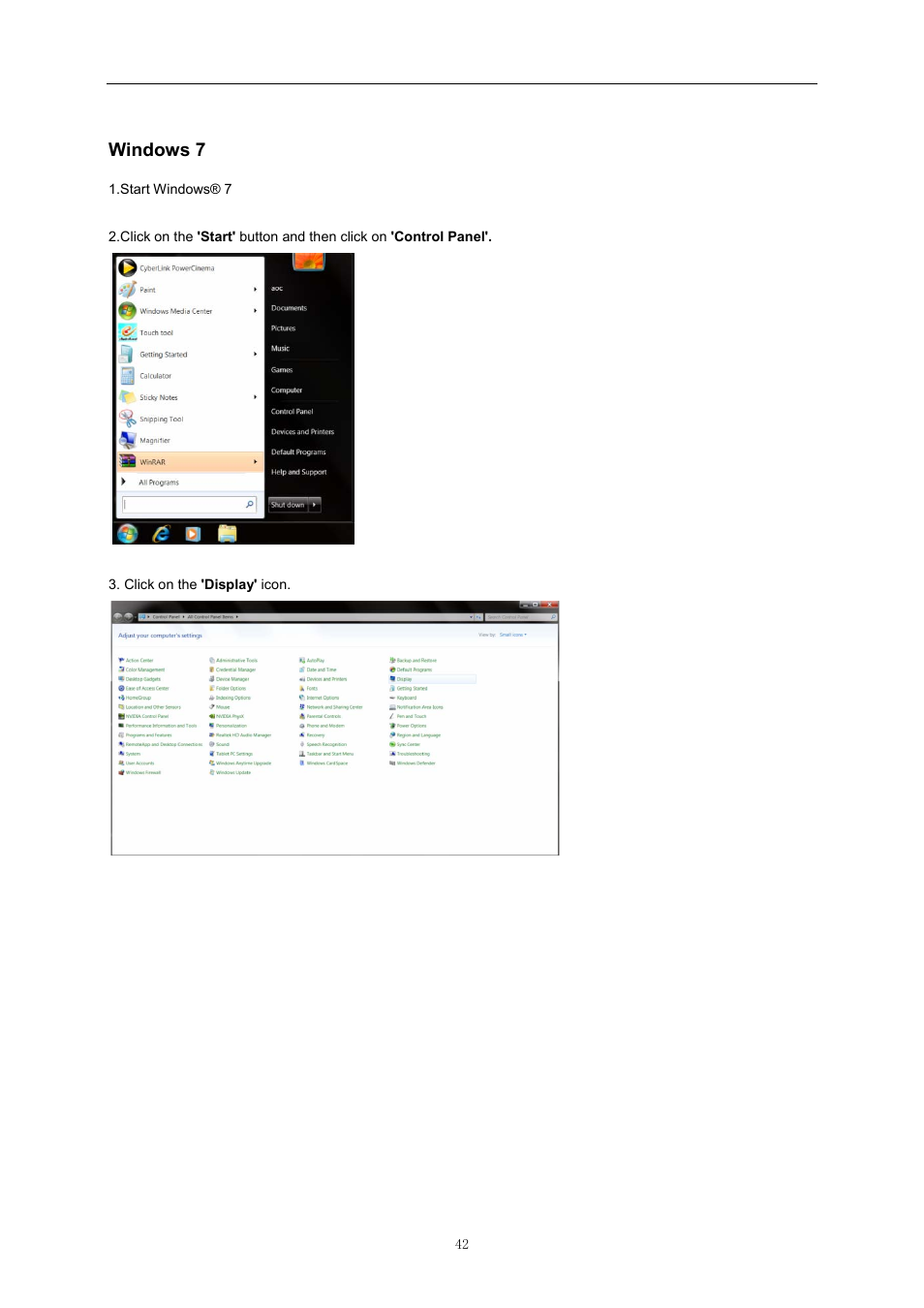 Driver, Monitor driver, Windows 7 | Led indicator, Onitor driver | AOC D2757PH User Manual | Page 42 / 67