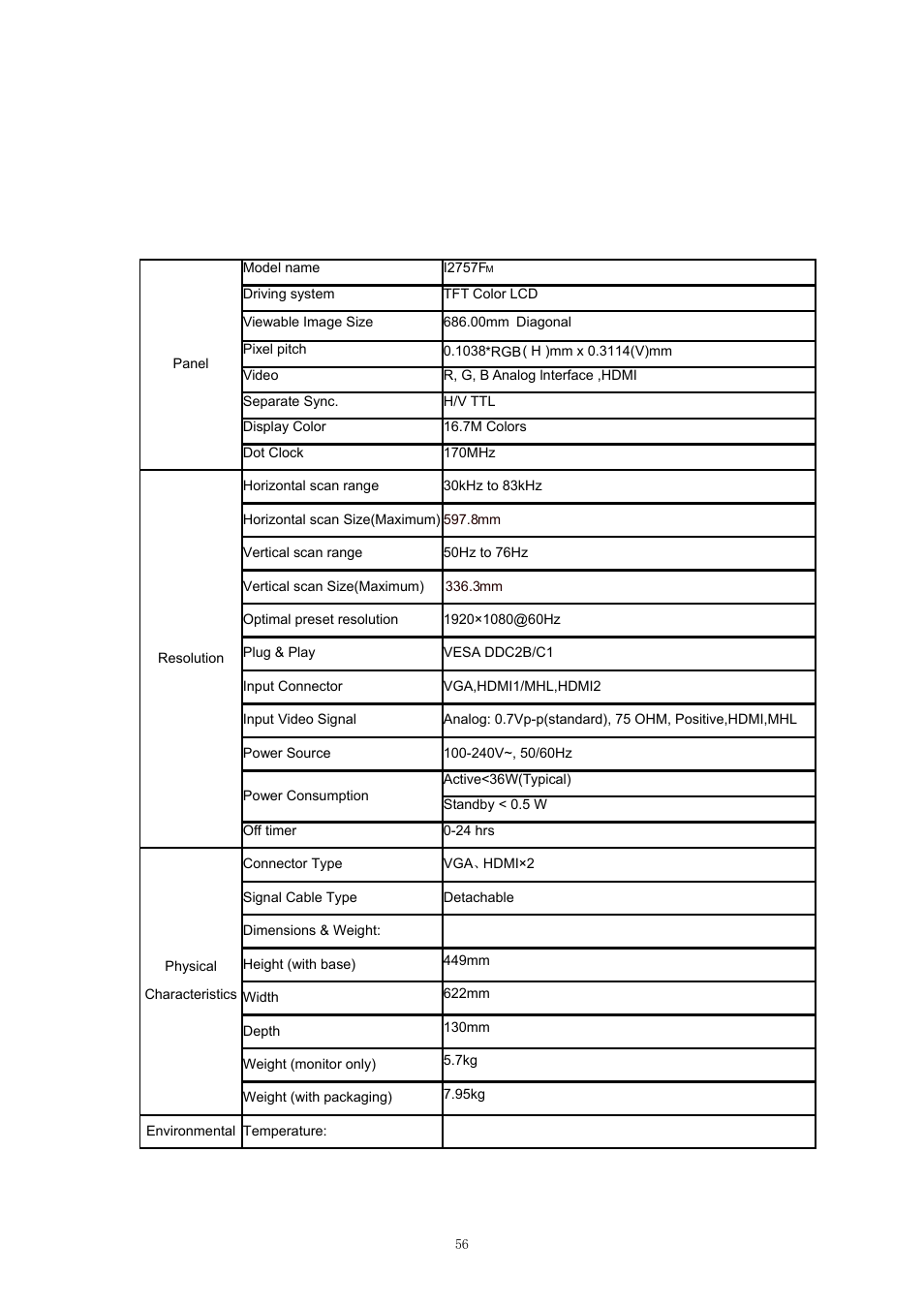 Specification, General specification, Screen | Oubleshoot, Specification general specification | AOC D2757PH User Manual | Page 56 / 67