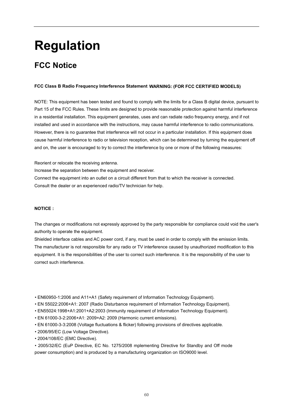 Regulation, Fcc notice, Pin assignments | Plug and play, Ce declaration of conformity | AOC D2757PH User Manual | Page 60 / 67