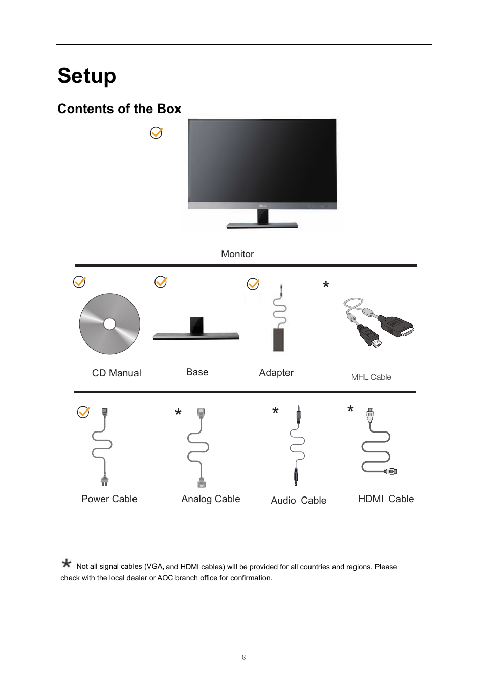 Setup, Contents in box, Contents of the box | AOC D2757PH User Manual | Page 8 / 67