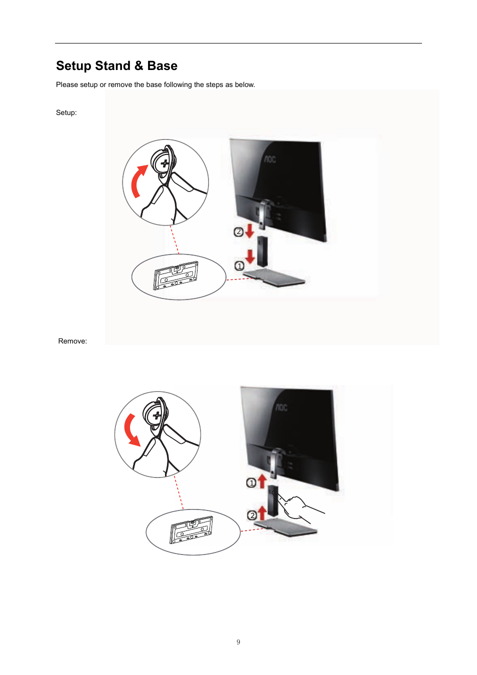 Setup stand & base | AOC D2757PH User Manual | Page 9 / 67
