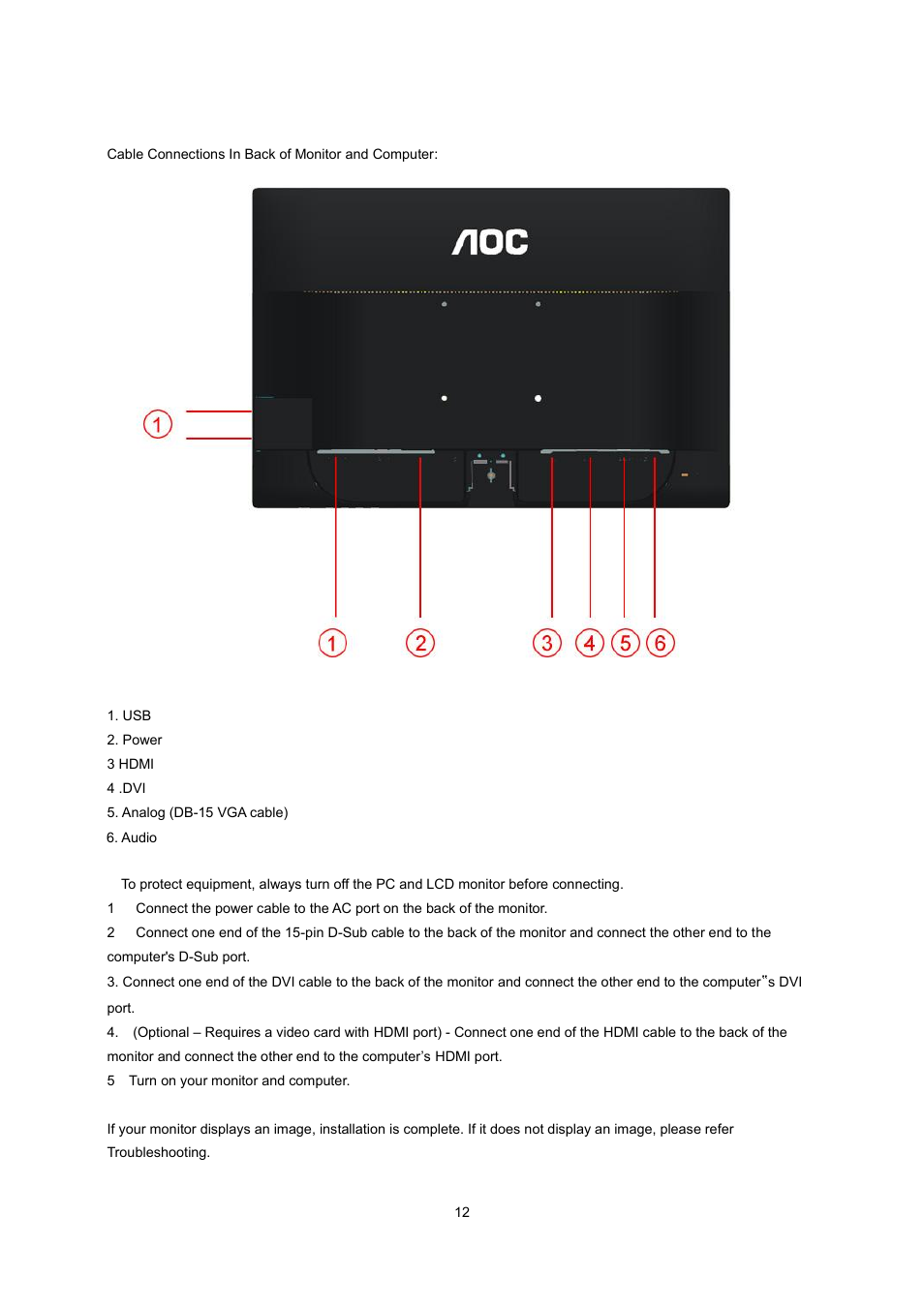 Connecting the monitor | AOC I2260PWHU User Manual | Page 12 / 70