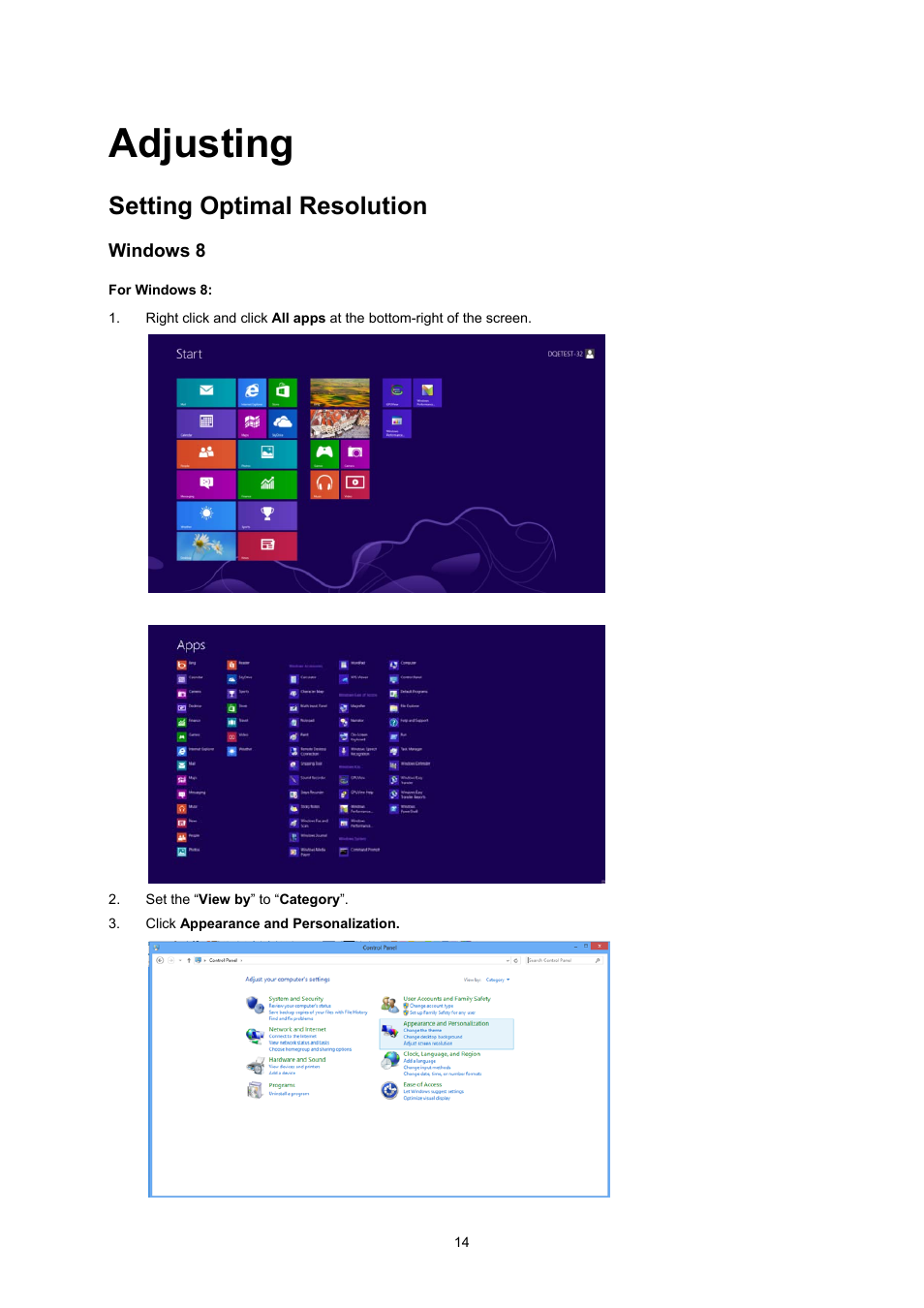 Adjusting, Setting optimal resolution | AOC I2260PWHU User Manual | Page 14 / 70