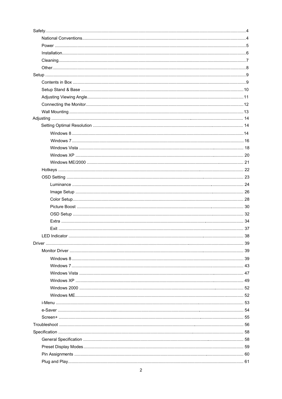 AOC I2260PWHU User Manual | Page 2 / 70