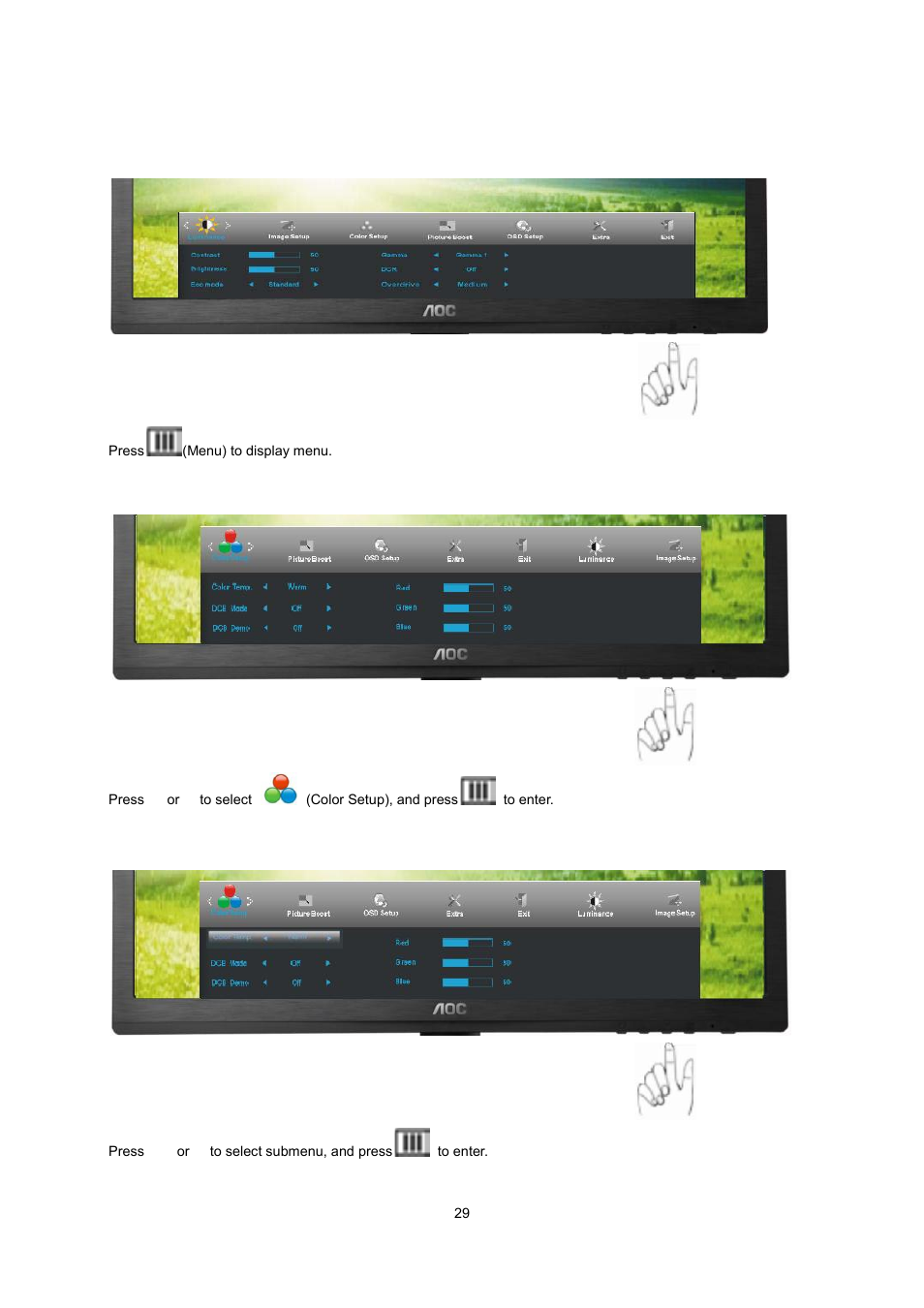 Color setup | AOC I2260PWHU User Manual | Page 29 / 70