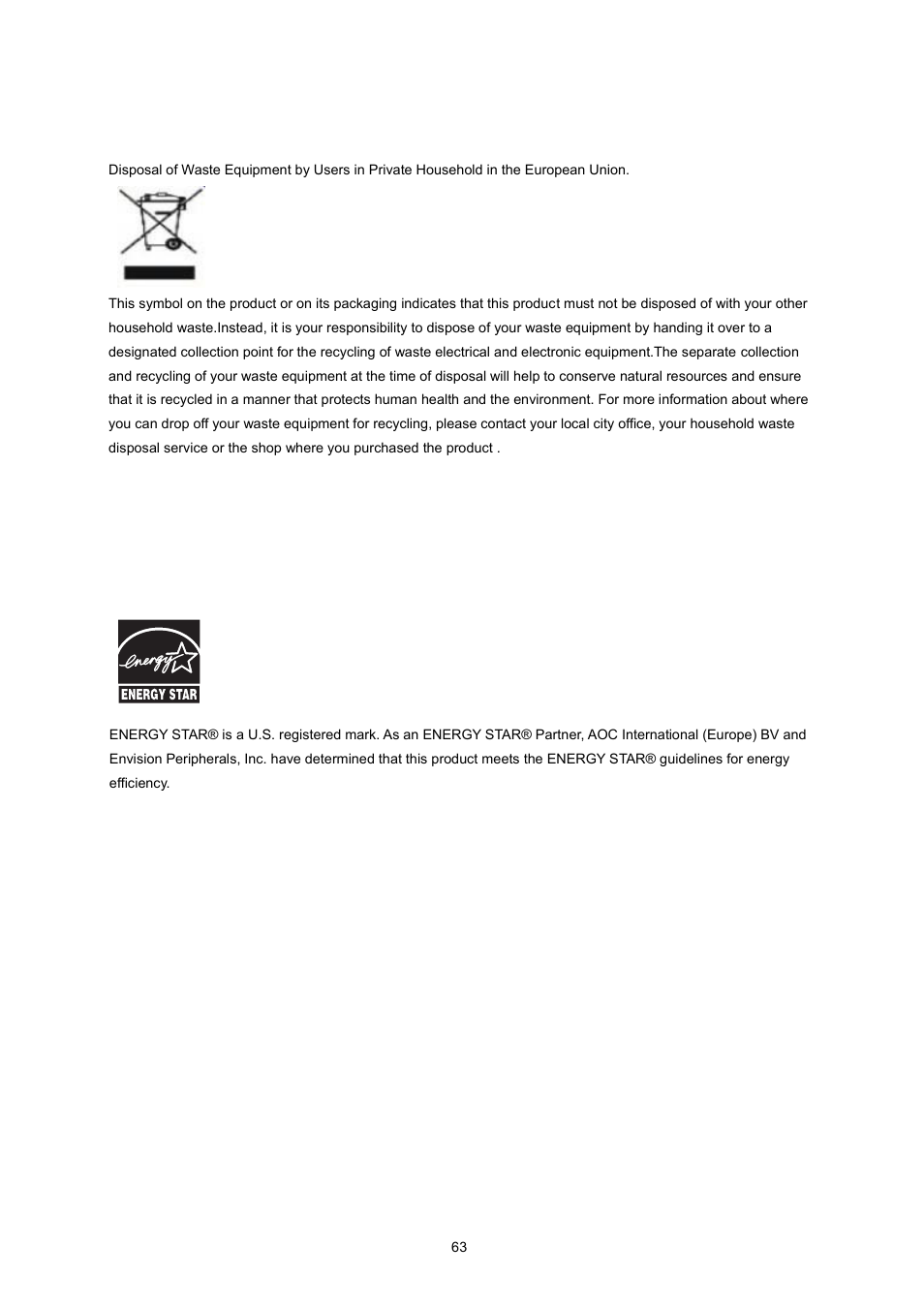 Weee declaration, Epa energy star | AOC I2260PWHU User Manual | Page 63 / 70