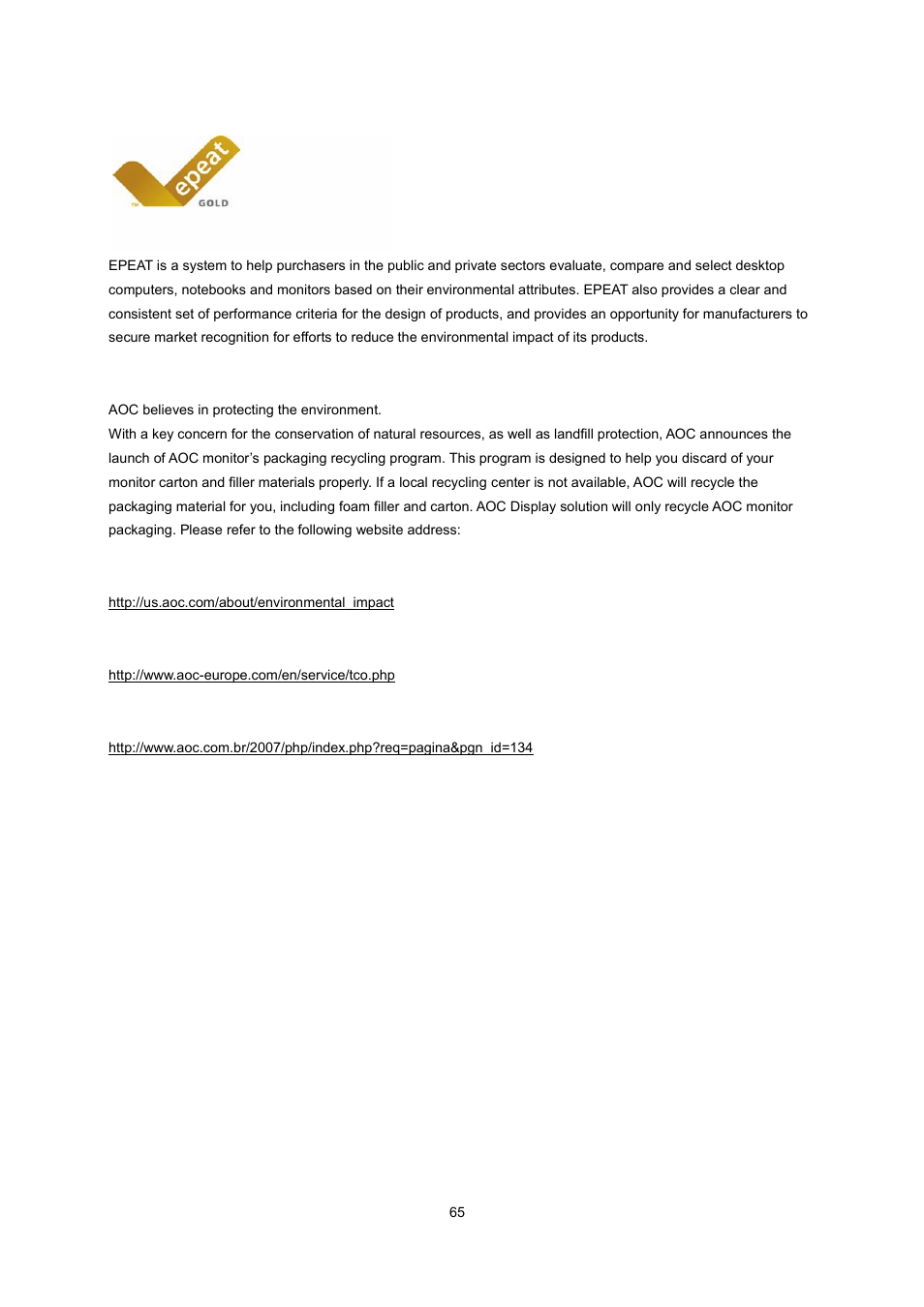 Epeat declaration | AOC I2260PWHU User Manual | Page 65 / 70