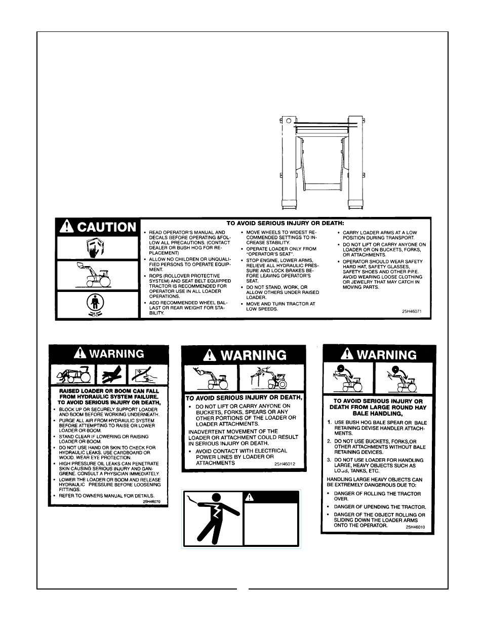 Safety decals, Live wires overhead | Bush Hog 3860 QT User Manual | Page 43 / 46