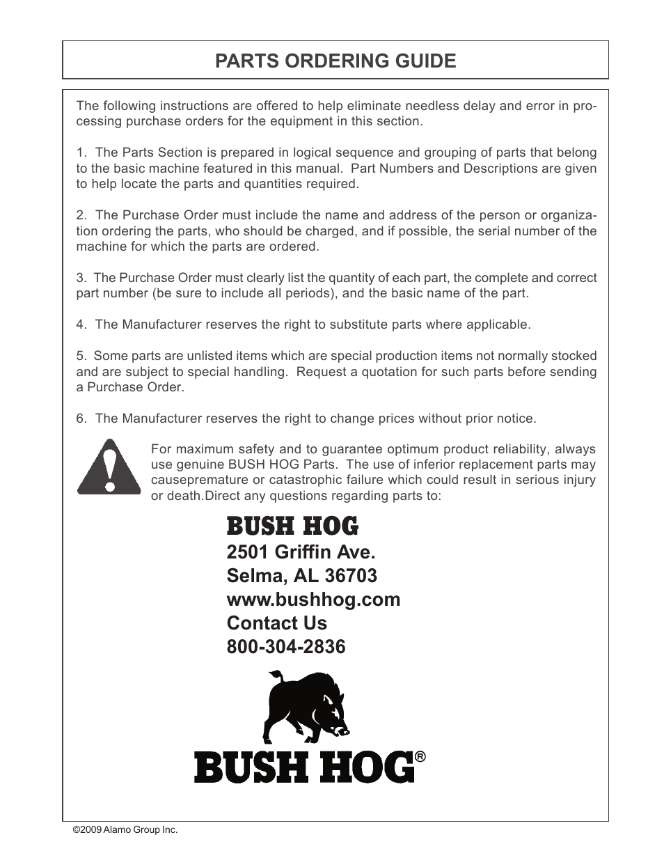 Bush hog, Parts ordering guide | Bush Hog 2047 User Manual | Page 2 / 51