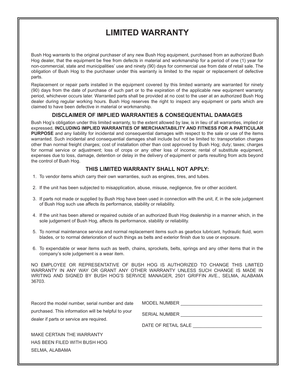 Limited warranty | Bush Hog 2047 User Manual | Page 4 / 51