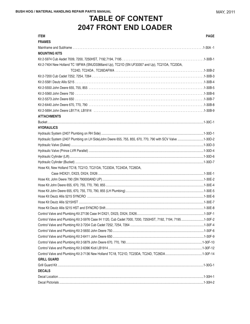 Table of content 2047 front end loader | Bush Hog 2047 User Manual | Page 5 / 51