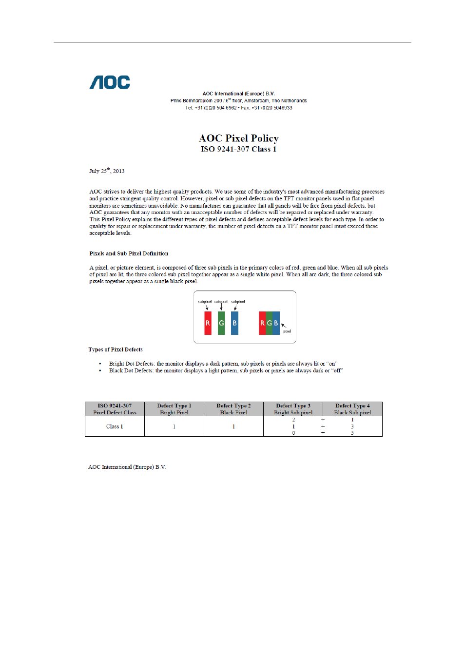 Aoc pixel policy iso 9241-307 class 1 | AOC M2470SWDA User Manual | Page 61 / 64