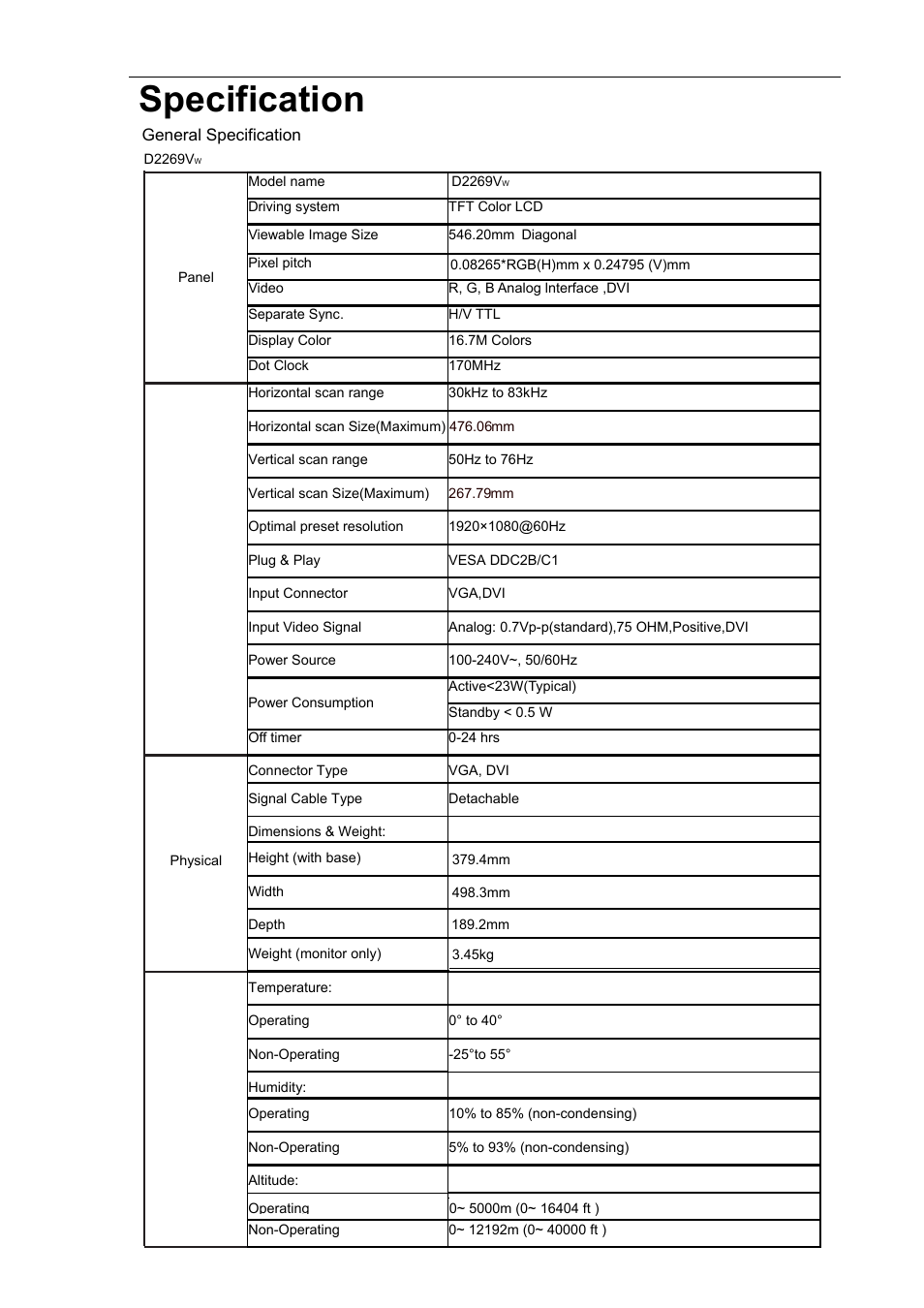 Specification | AOC D2769VH User Manual | Page 57 / 72