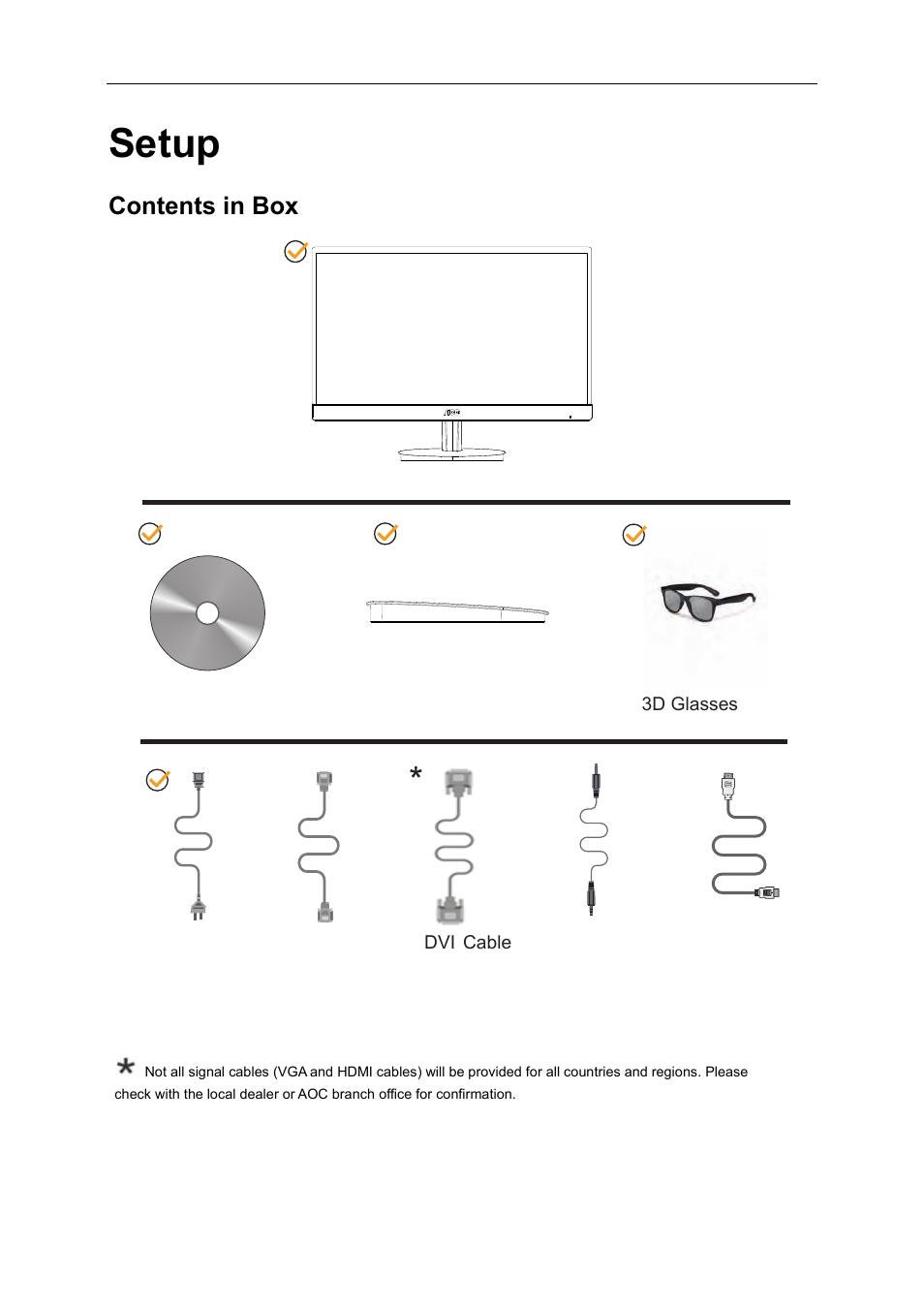 Setup, Contents in box | AOC D2769VH User Manual | Page 8 / 72