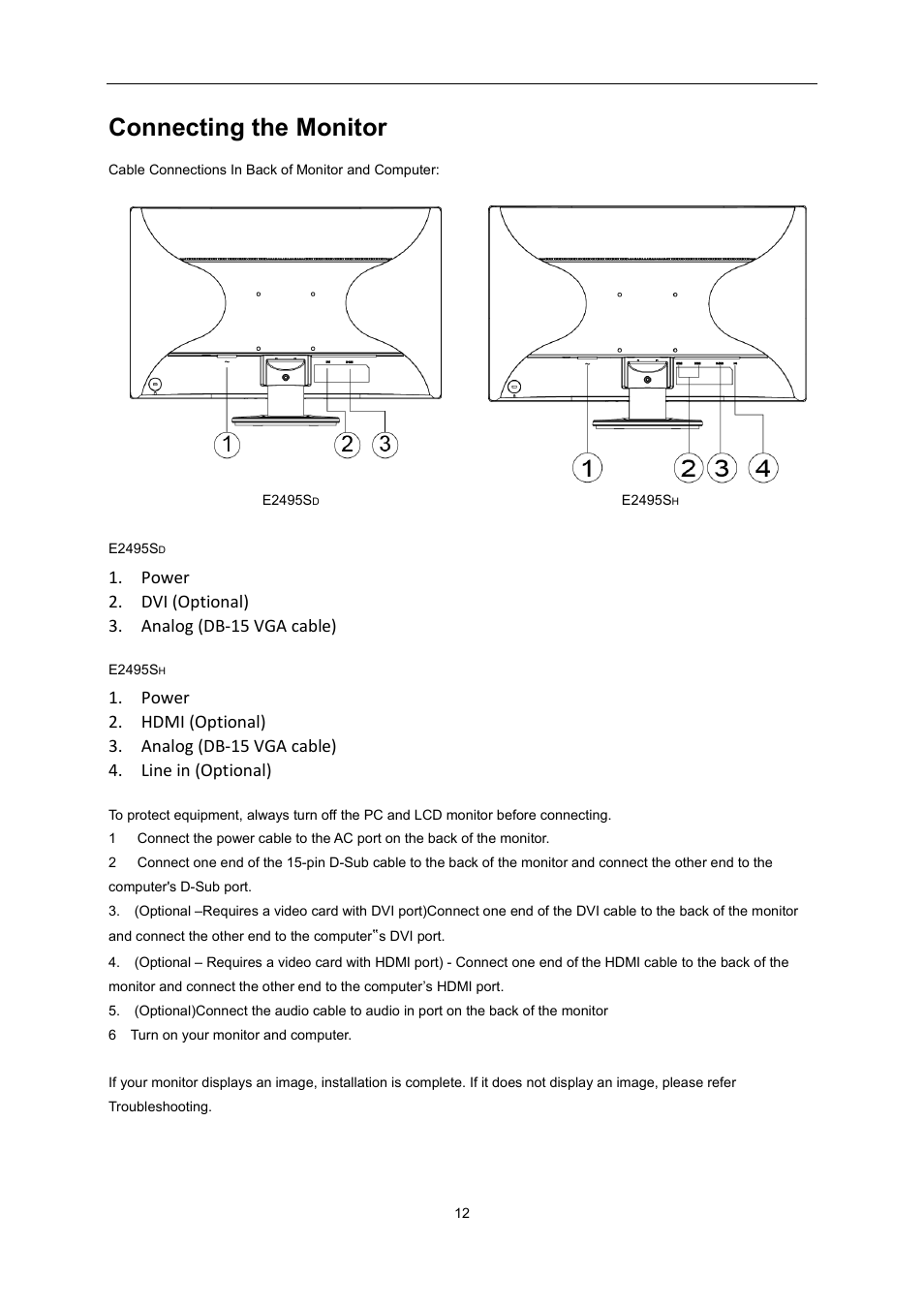 Connecting the monitor | AOC E2495SD User Manual | Page 12 / 55