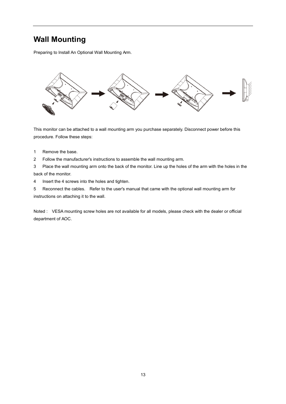 Wall mounting | AOC E2495SD User Manual | Page 13 / 55