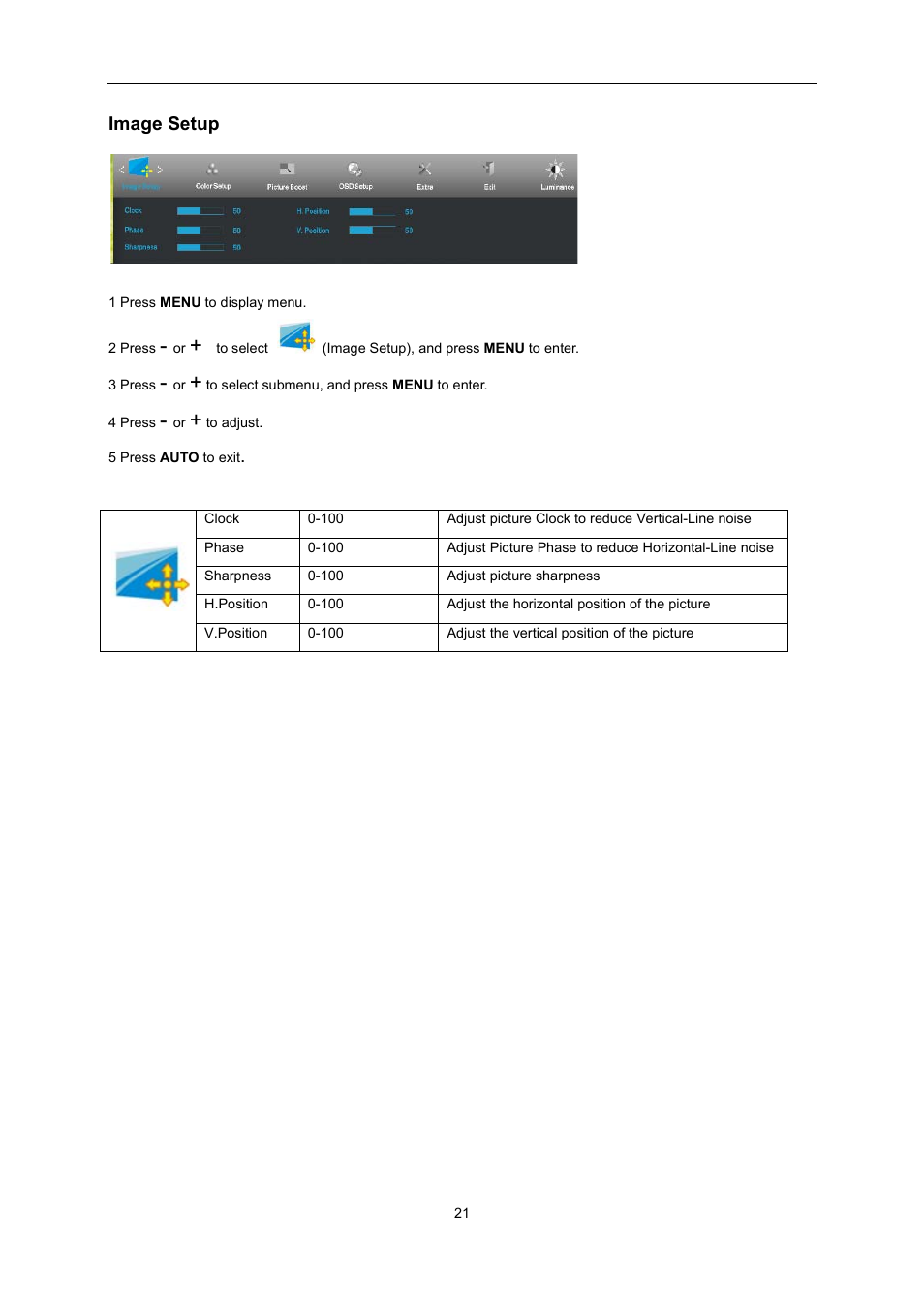 Image setup | AOC E2495SD User Manual | Page 21 / 55