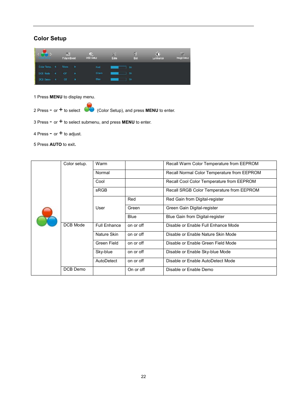 Color setup | AOC E2495SD User Manual | Page 22 / 55