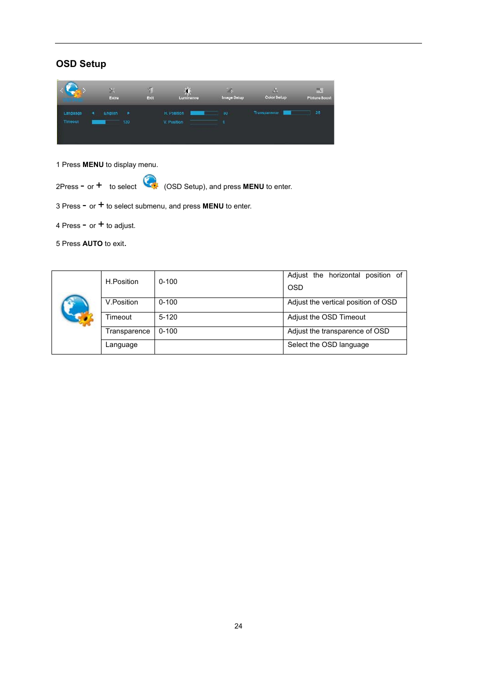 Osd setup | AOC E2495SD User Manual | Page 24 / 55