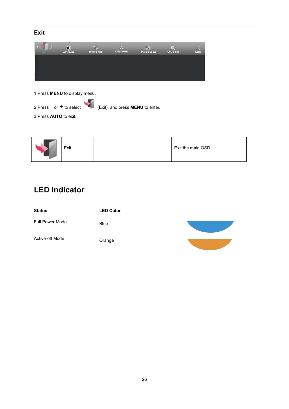 Exit, Led indicator | AOC E2495SD User Manual | Page 26 / 55