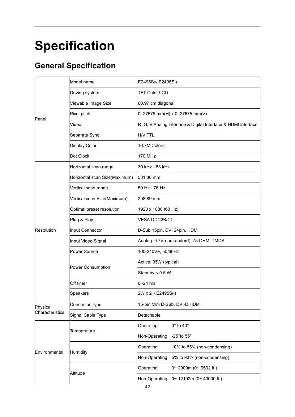 Specification, General specification | AOC E2495SD User Manual | Page 42 / 55