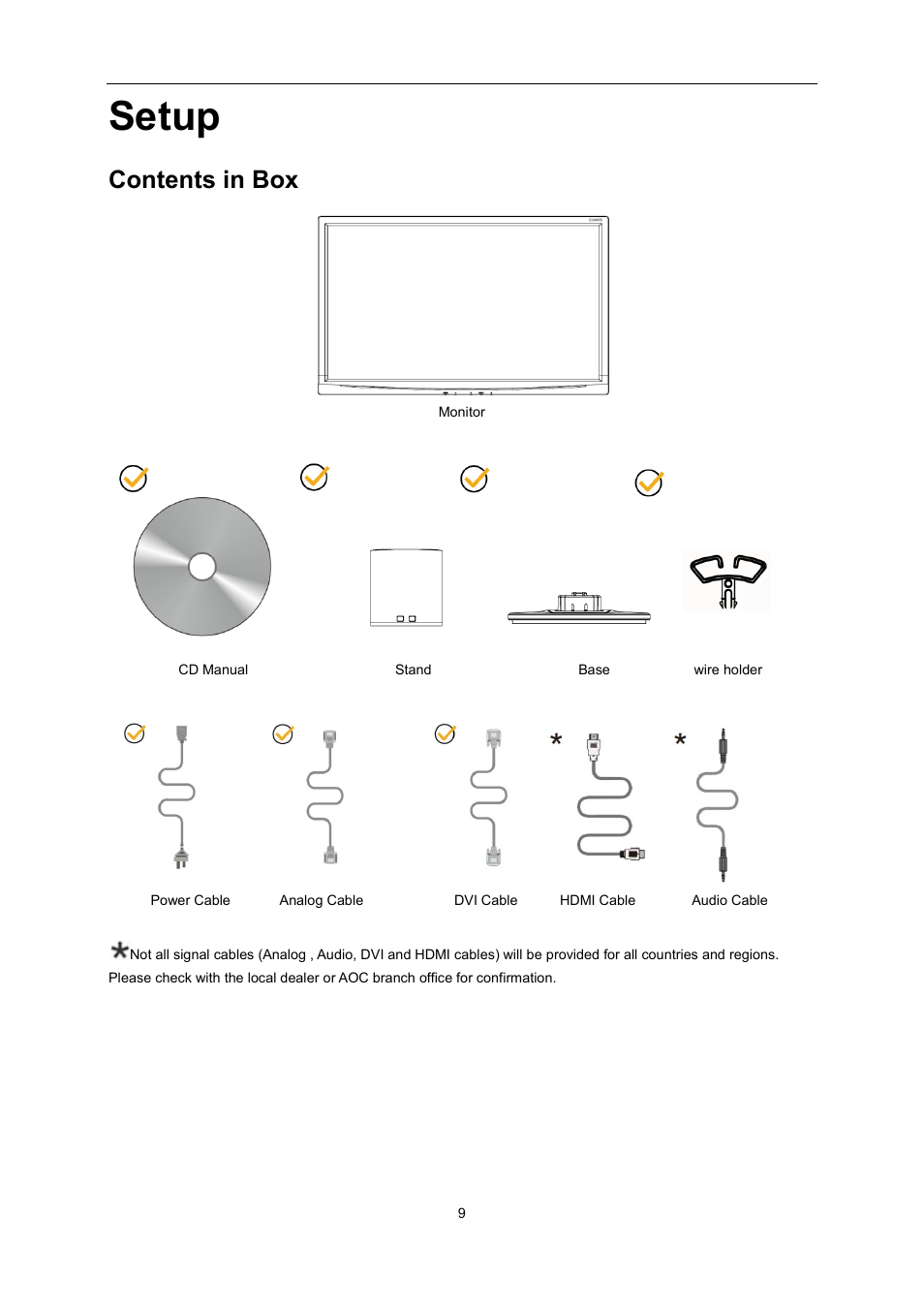 Setup, Contents in box | AOC E2495SD User Manual | Page 9 / 55