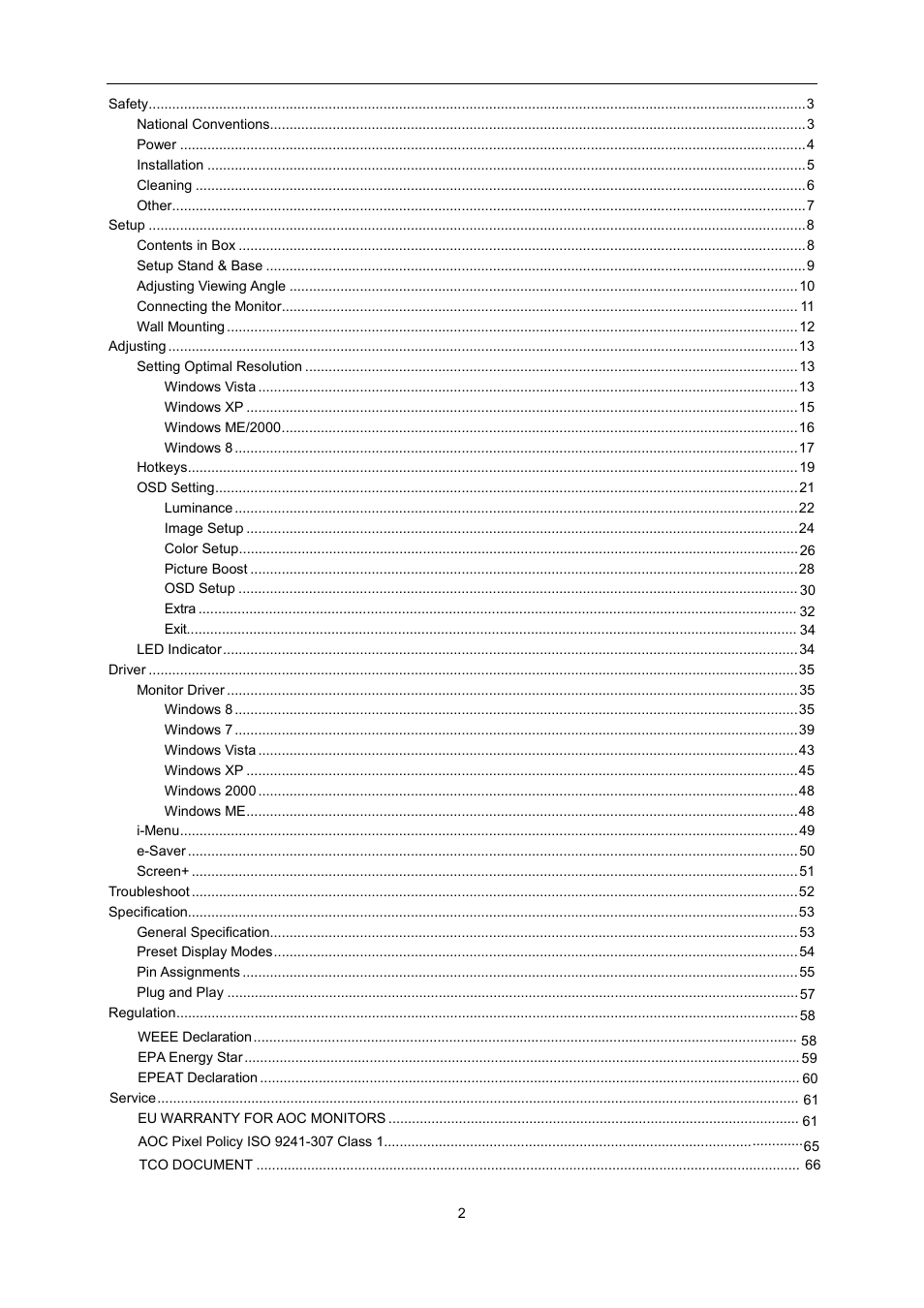 AOC E2460SH User Manual | Page 2 / 66