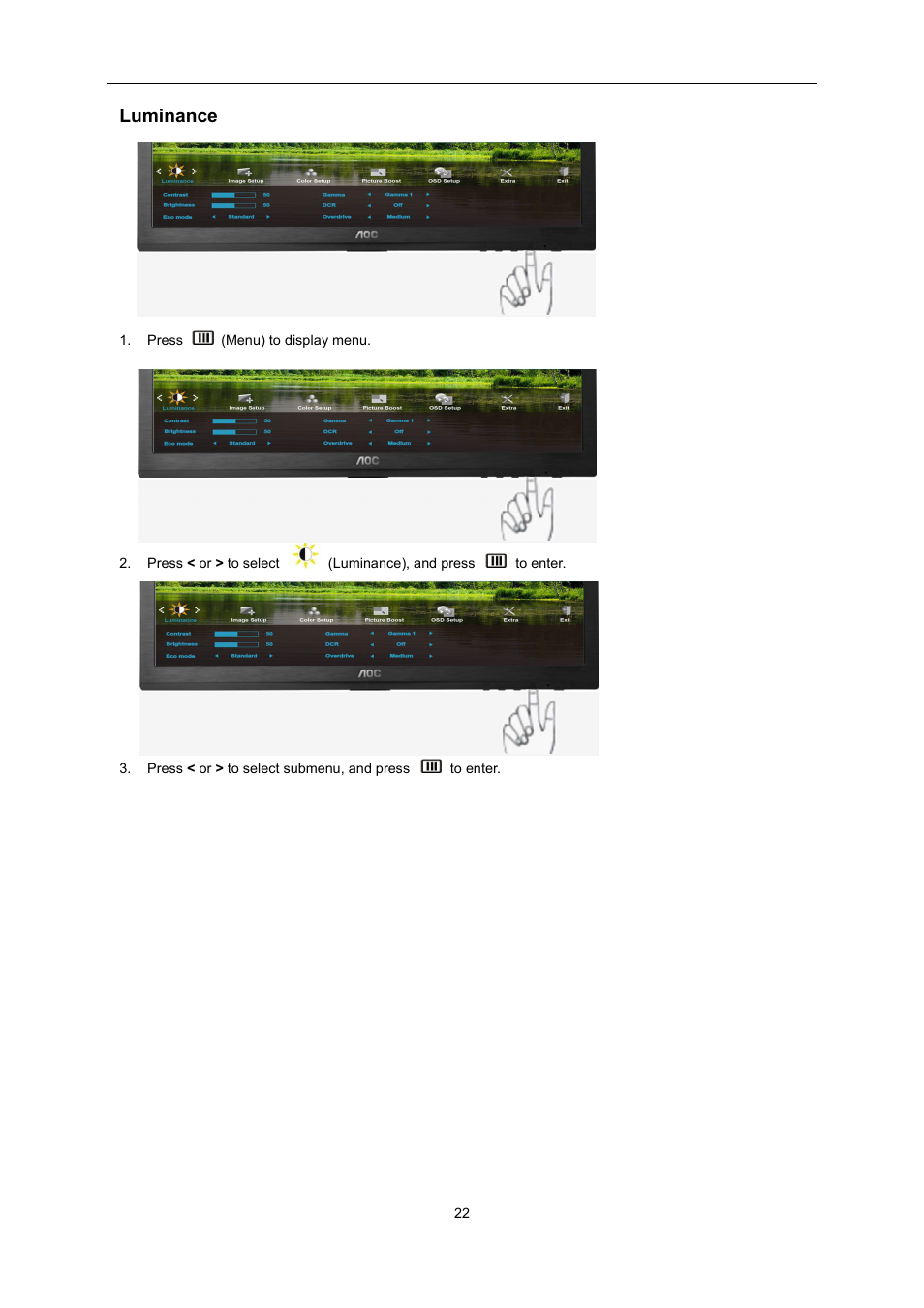 Luminance | AOC E2460SH User Manual | Page 22 / 66