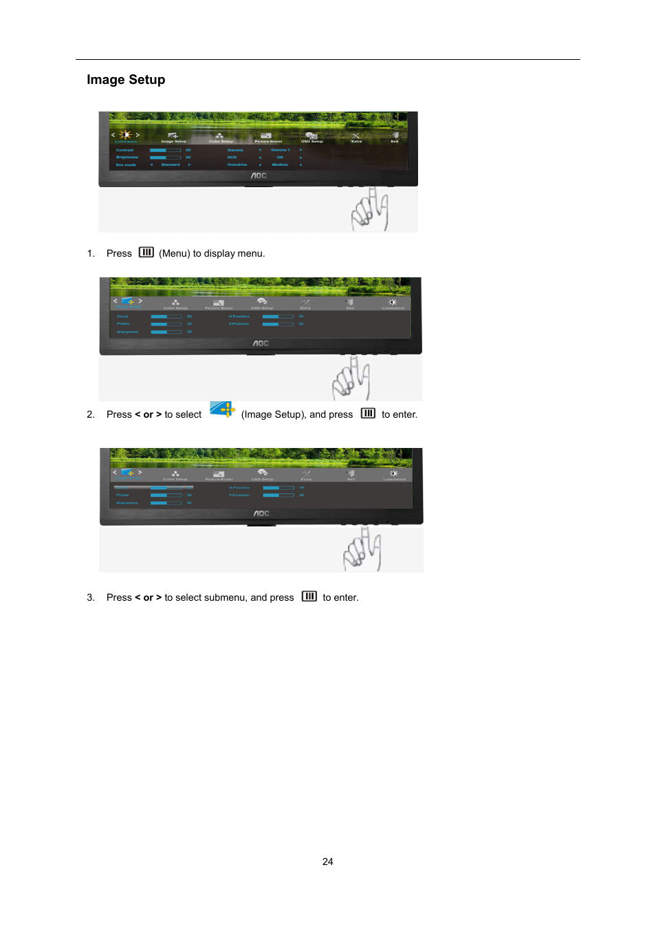 Image setup | AOC E2460SH User Manual | Page 24 / 66